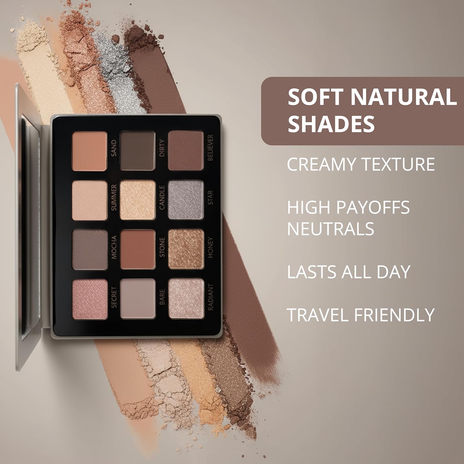 Lamora Attraction Eyeshadow Palette - 12 Soft Brown Shadows, Multi-Use Eye Makeup Palette with Matte & Shimmer Finishes, Ultra-Blendable Everyday Neutrals, Long-lasting Wear, Travel Makeup with Mirror - Image 7