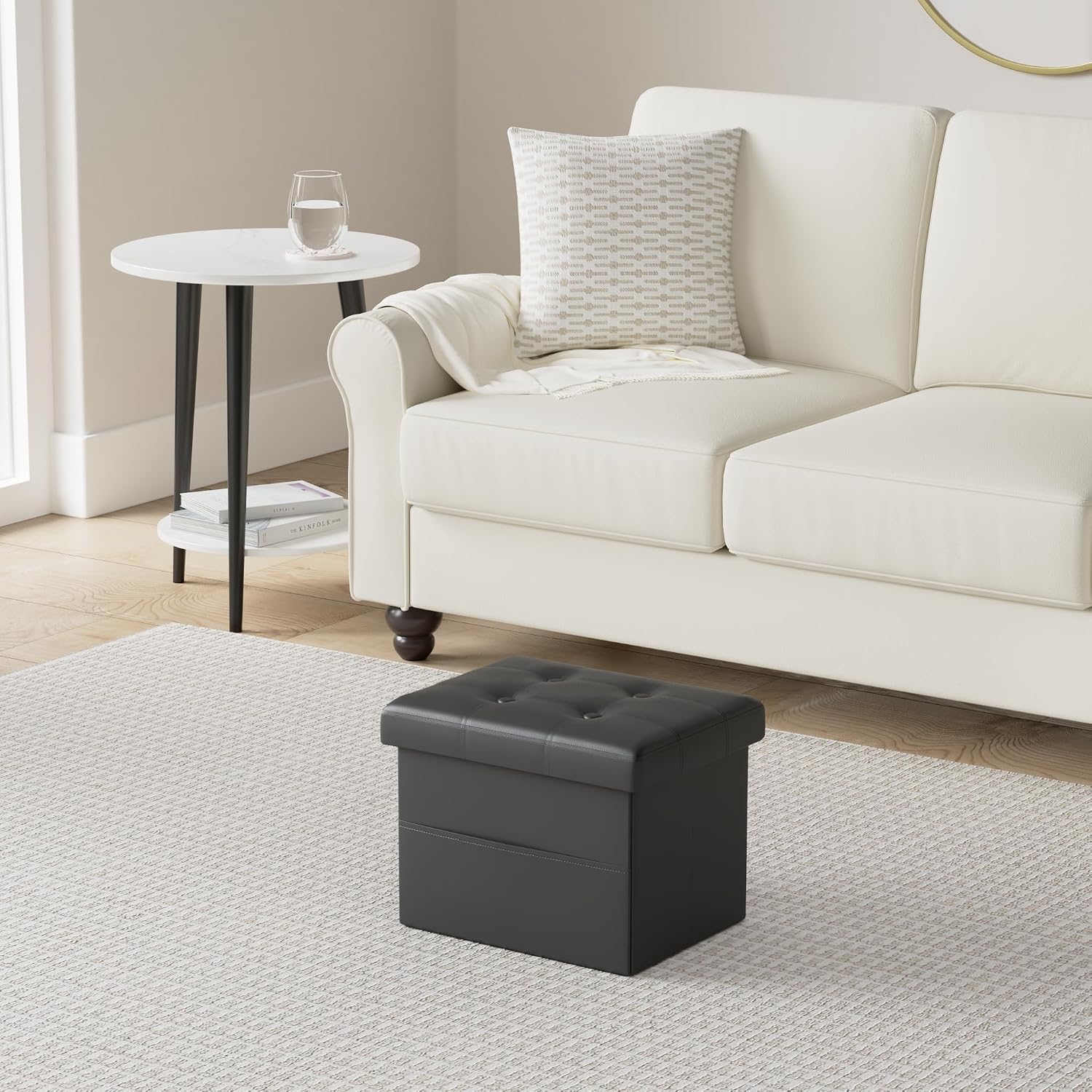 FujDun® Folding Storage Ottoman Square Cube Foot Rest Footstool with Side Pocket,Leather Ottoman Seat for Living Room or Bedroom,Padded with Thick Sponge (Black, 16 * 12 * 12 inches)