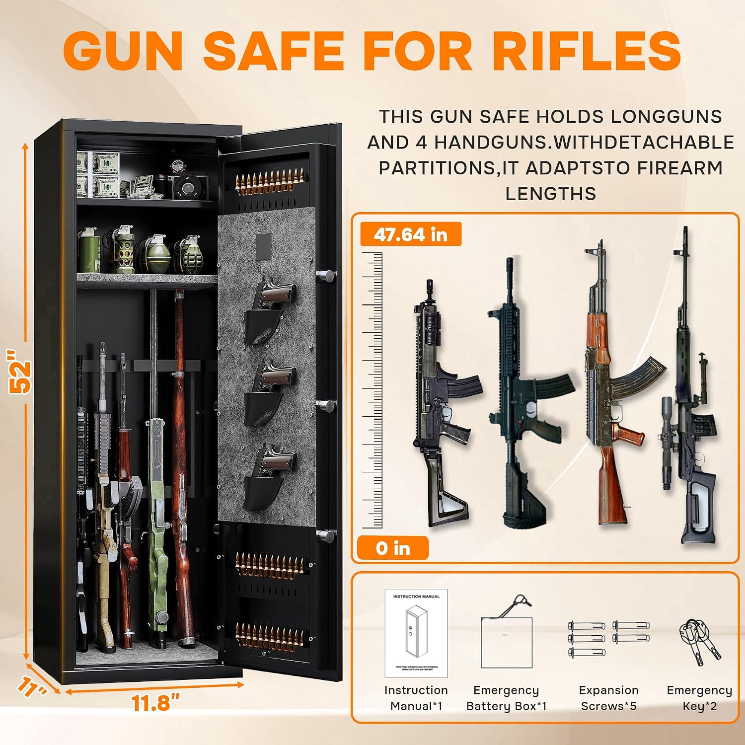 [No Assembly Needed] 8-10 Rifle Gun Safe for Rifles Pistols and Shotguns, Electronic Locking Quick Access Long Gun Cabinet with Removable Storage Shelf/Adjustable Gun Racks/Pockets