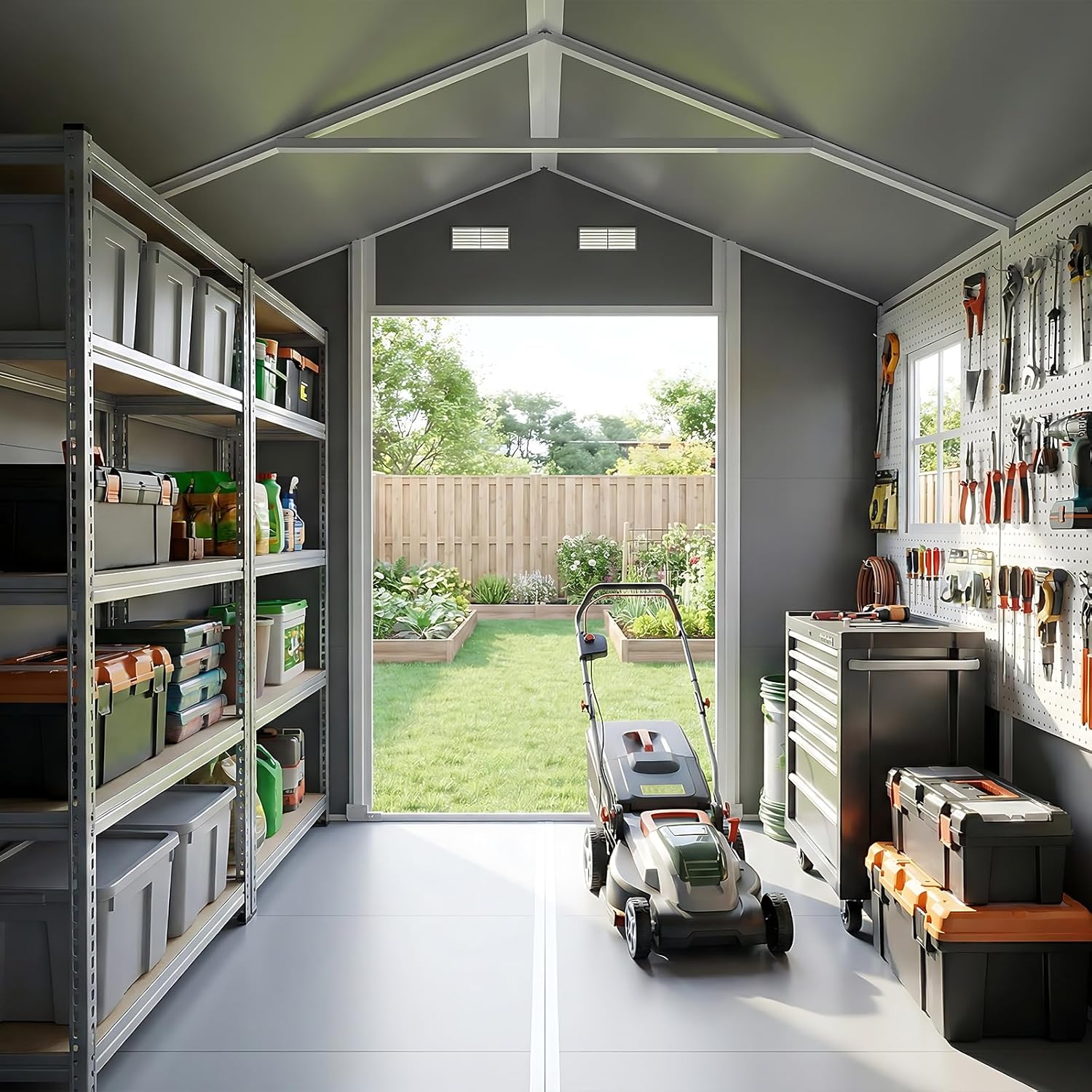 AIRAJ 8x6FT Outdoor Storage Shed with Floor,Waterproof Garden Resin Tool Shed with Window&Vents,Lockable Door&Ramp,Plastic Storage Shed Suitable for Patios,Gardens, Backyards and Construction Sites