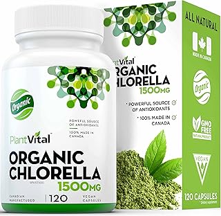 PlantVital Chlorella Capsules- Antioxidant Chlorophyll Capsules - Organic Chlorella Powder 750mg/cap - Broken Cell Wall Algae Supplement - Vegan Superfood - Non-GMO. (120 Count)