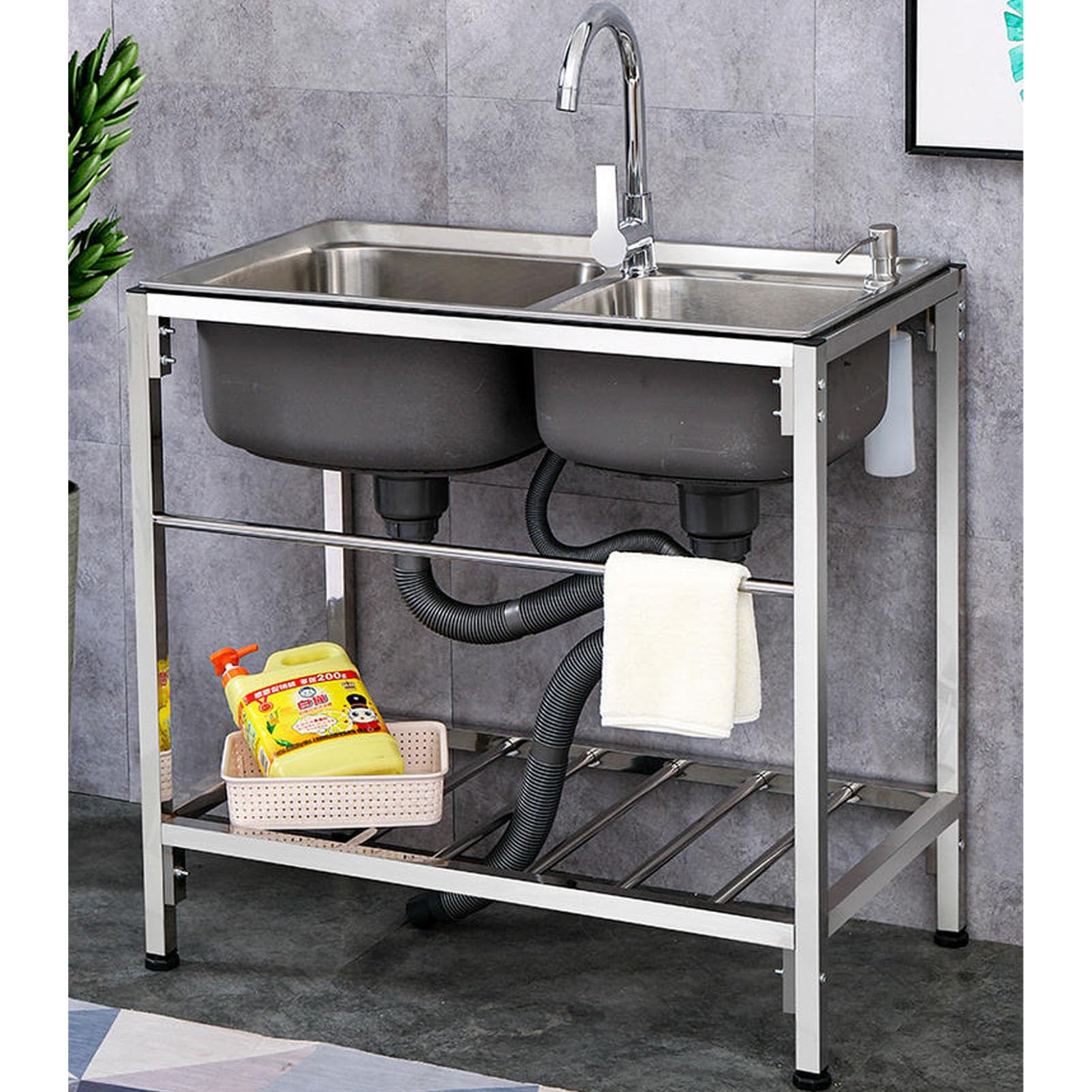 YADZISW Commercial Restaurant Stainless Steel Utility Sink Free-Standing Kitchen Sink, Freestanding Outdoor Double Bowl with Faucet