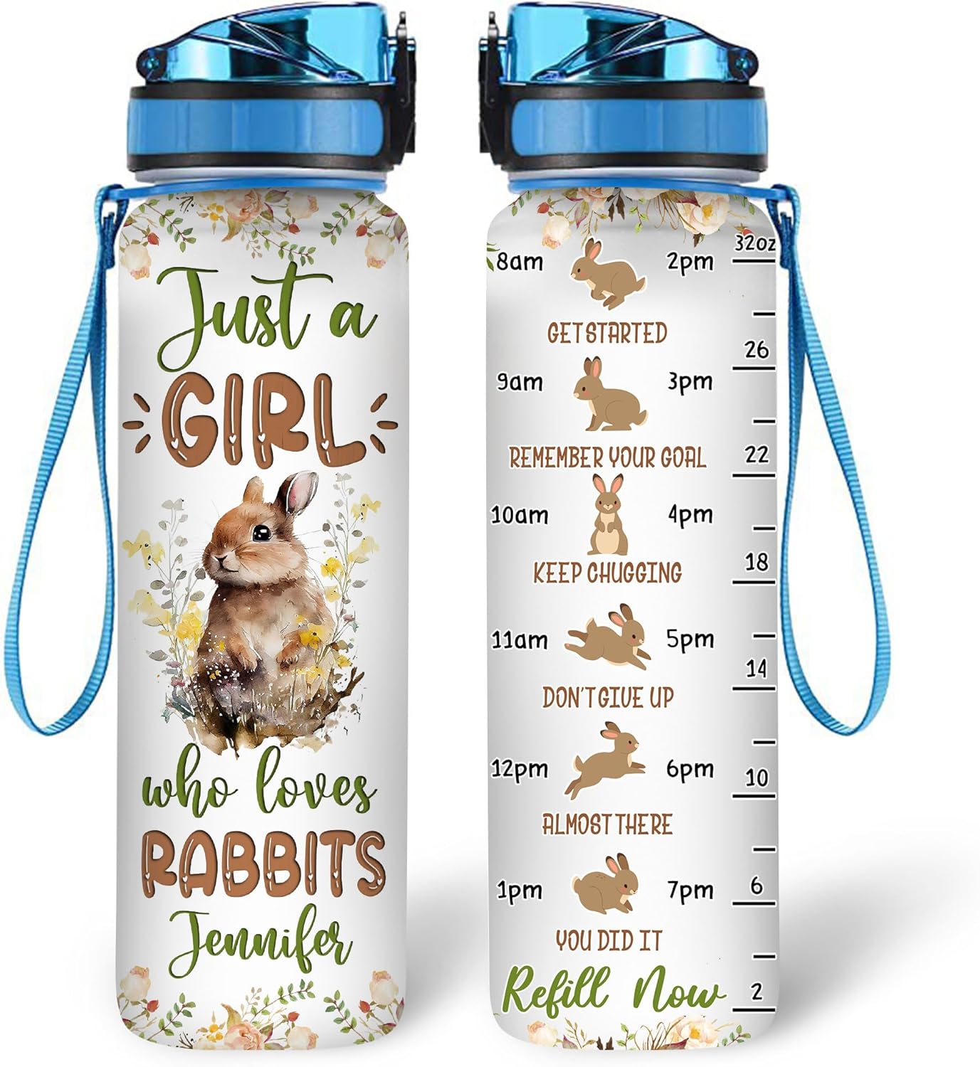 Hyturtle Personalized Rabbit Lovers 32 Oz 1Liter Motivational Water Bottle With Time Marker, Just A Girl Who Loves Rabbits, Animal Lovers Gifts For Women, Girl On Birthday, Christmas