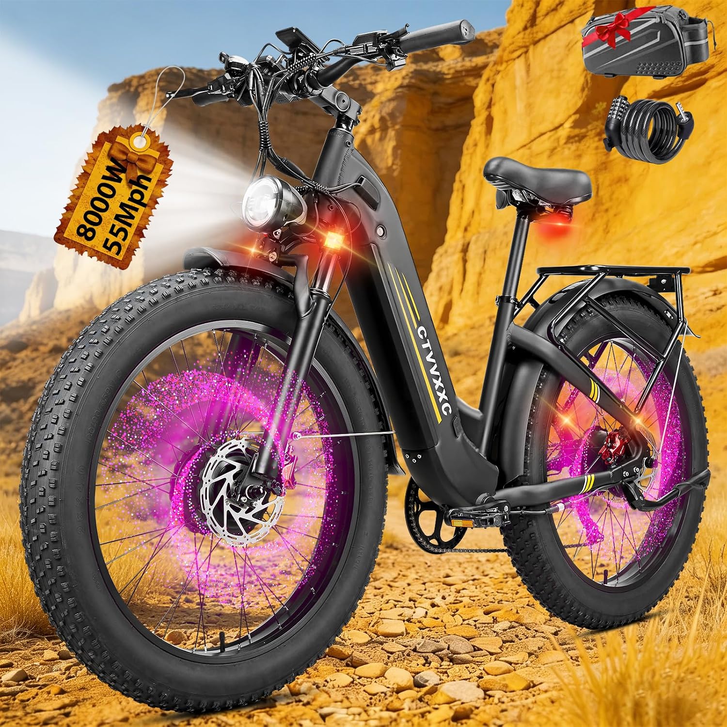 8000W Peak Power Dual Motor Ebike for Adults, 52V 26Ah Fast Electric Bike for Men, 55Mph, 7-Speed 26" Mountain Ebike, Up to 98 Miles, E-Bike for Snow Off-Road Commuting Electric Bicycle