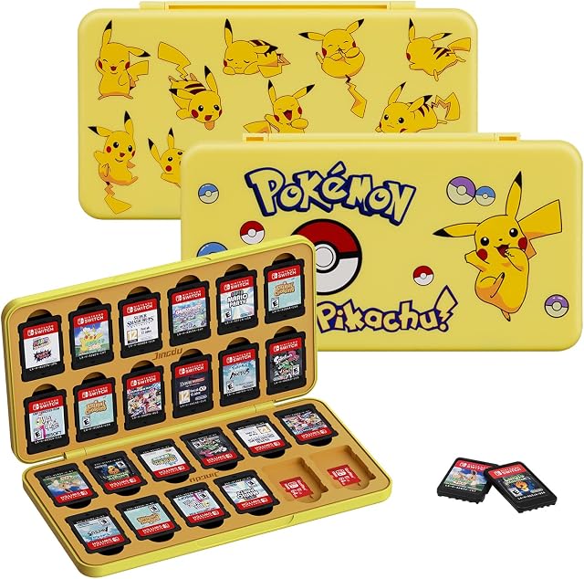 JINGDU Switch Game Case for Nintendo Switch Game Cards and Mirco SD Cards, 24-Slot Shockproof Silicone Moulding Cartridge, The Holder Suitable for Switch/Lite/OLED Games, Yellow Pikapika