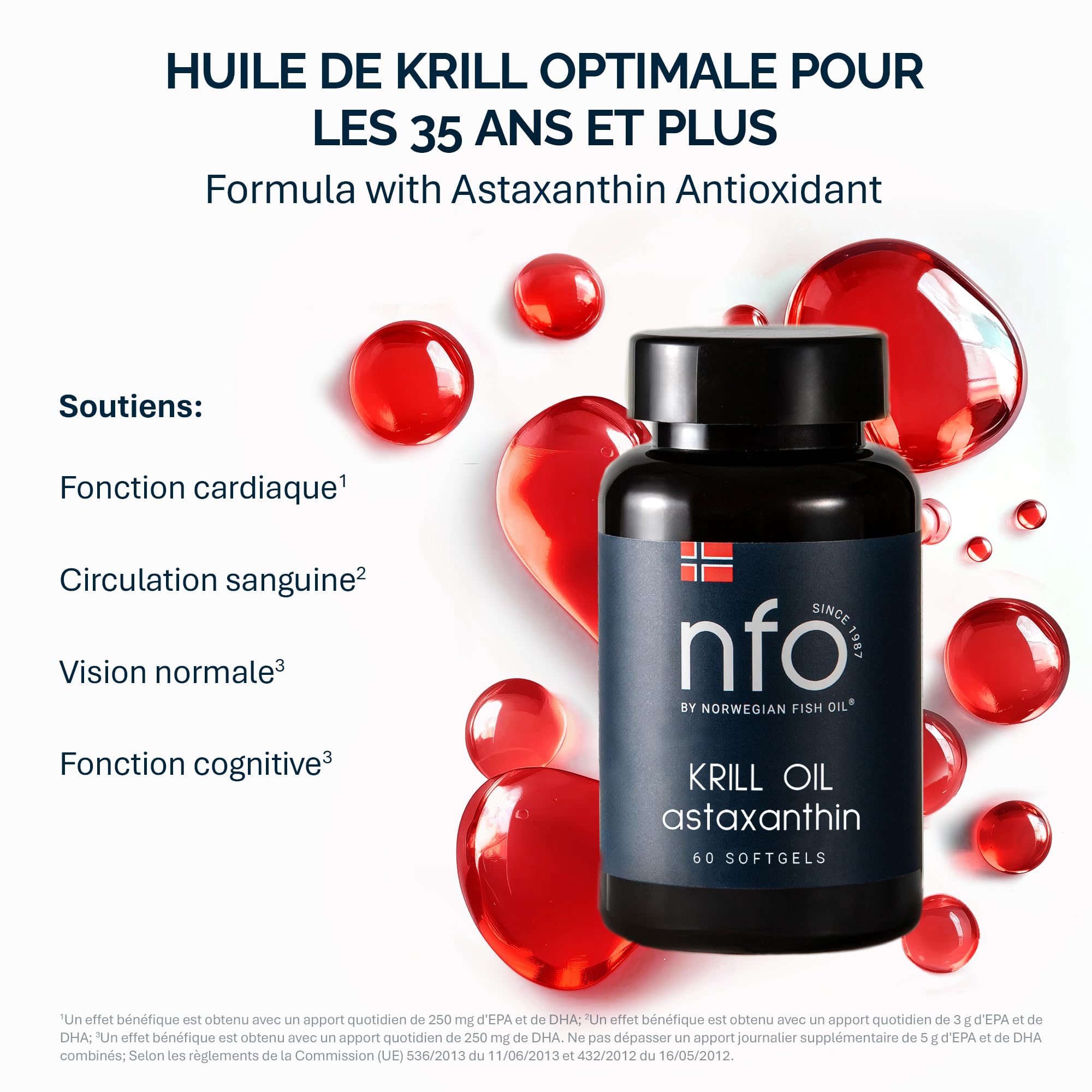 NFO OMEGA 3 KRILL OIL Astaxanthin [60 Gélules] Huile de krill de l'Antarctique avec huile de poisson de Norvège, Oméga 3 EPA & DHA, phospholipides et astaxanthine, En gélatine de peau de poisson