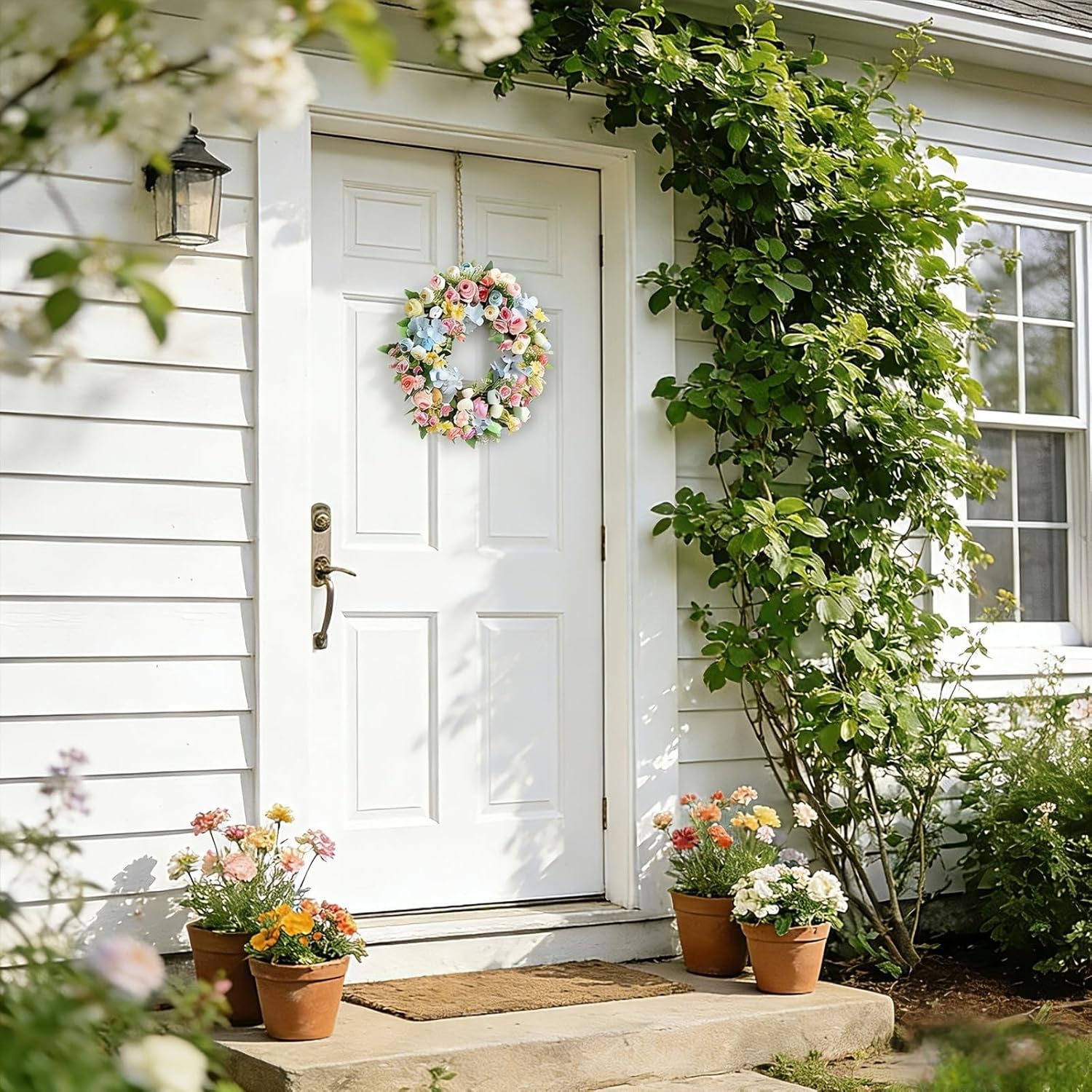 Artificial Wreath for Front Door, 16 Inch Spring Summer Wreath with Roses and Hydrangeas, Outdoor/Indoor All Season Home Decor, Farmhouse Wedding Wall Decor Gift - Image 4