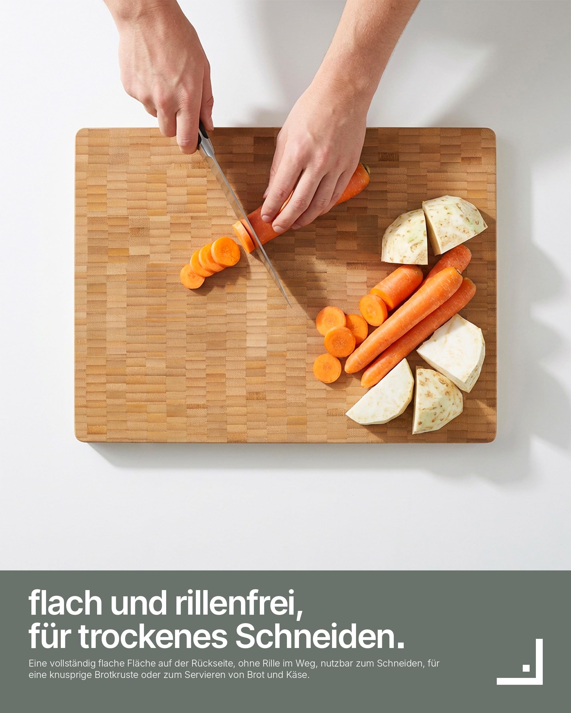 LARHN Stirnholz Hackblock Bambus massiv - 40x30x4 cm - Schneidebrett Holz | Messerschonend, Saftrille, Griff, vorgeölt, wendbar, plastikfrei, für Fleisch, Gemüse, Brot, Käse & Wurst