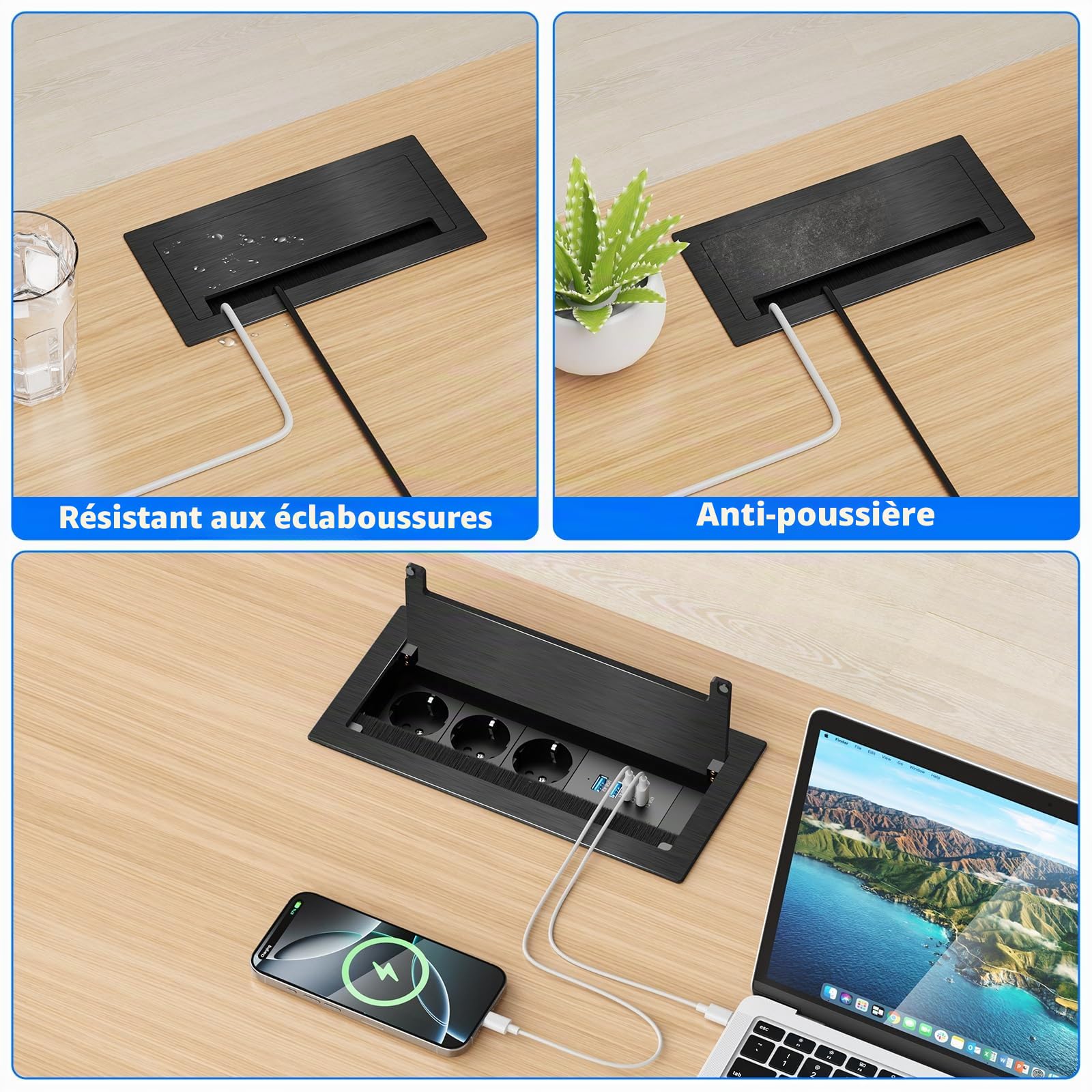 Prise encastrable Plan de Travail avec 3 Prises, 2 USB-C PD 30W, Aluminium
