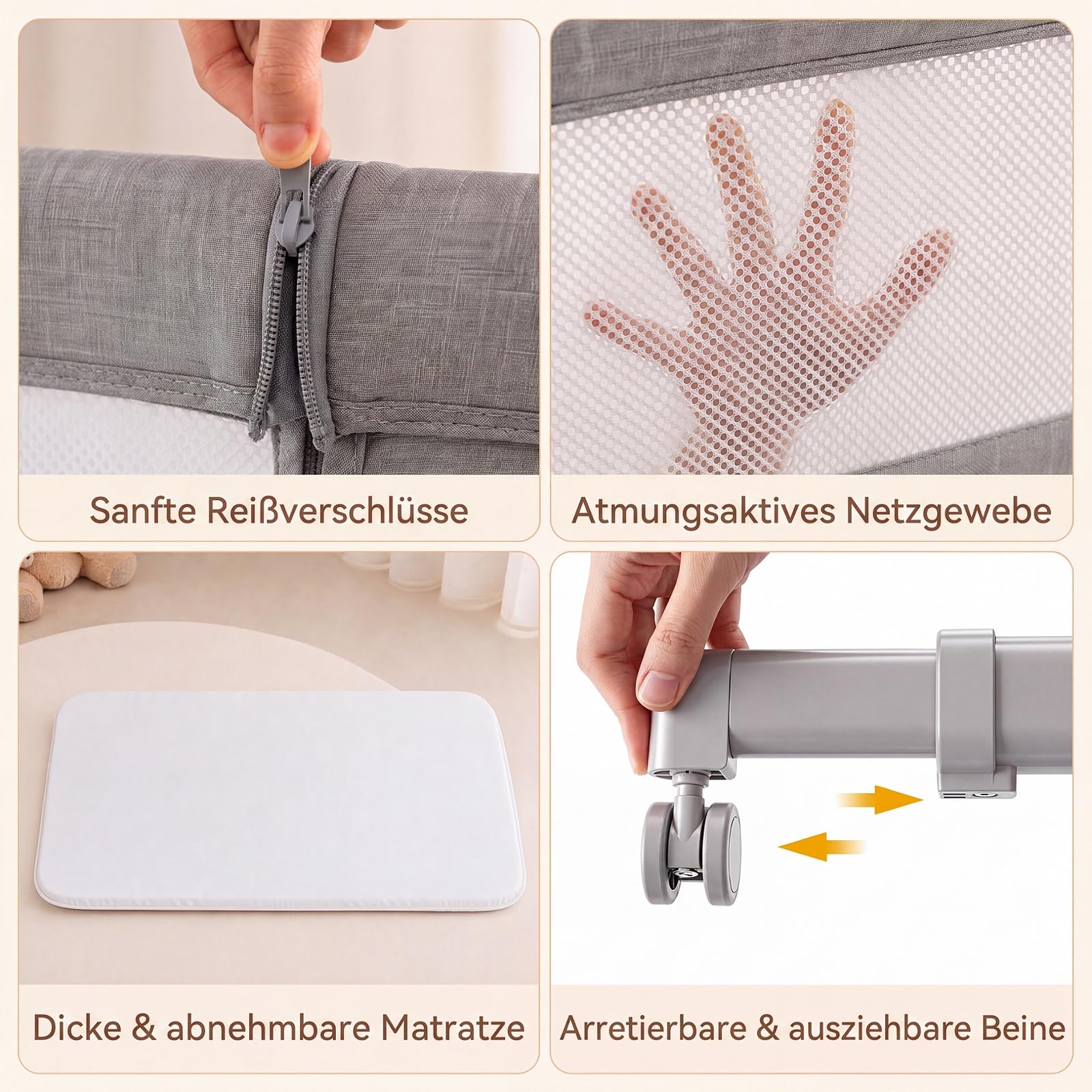 COSTWAY 3 in 1 Beistellbett, Babybett 6-stufig höhenverstellbar (Grau) | Reisebett mit Matratze, Babywiege mit Schaukelfunktion, Stubenwagen Baby mit Rollen für Neugeborene bis 6 Monaten