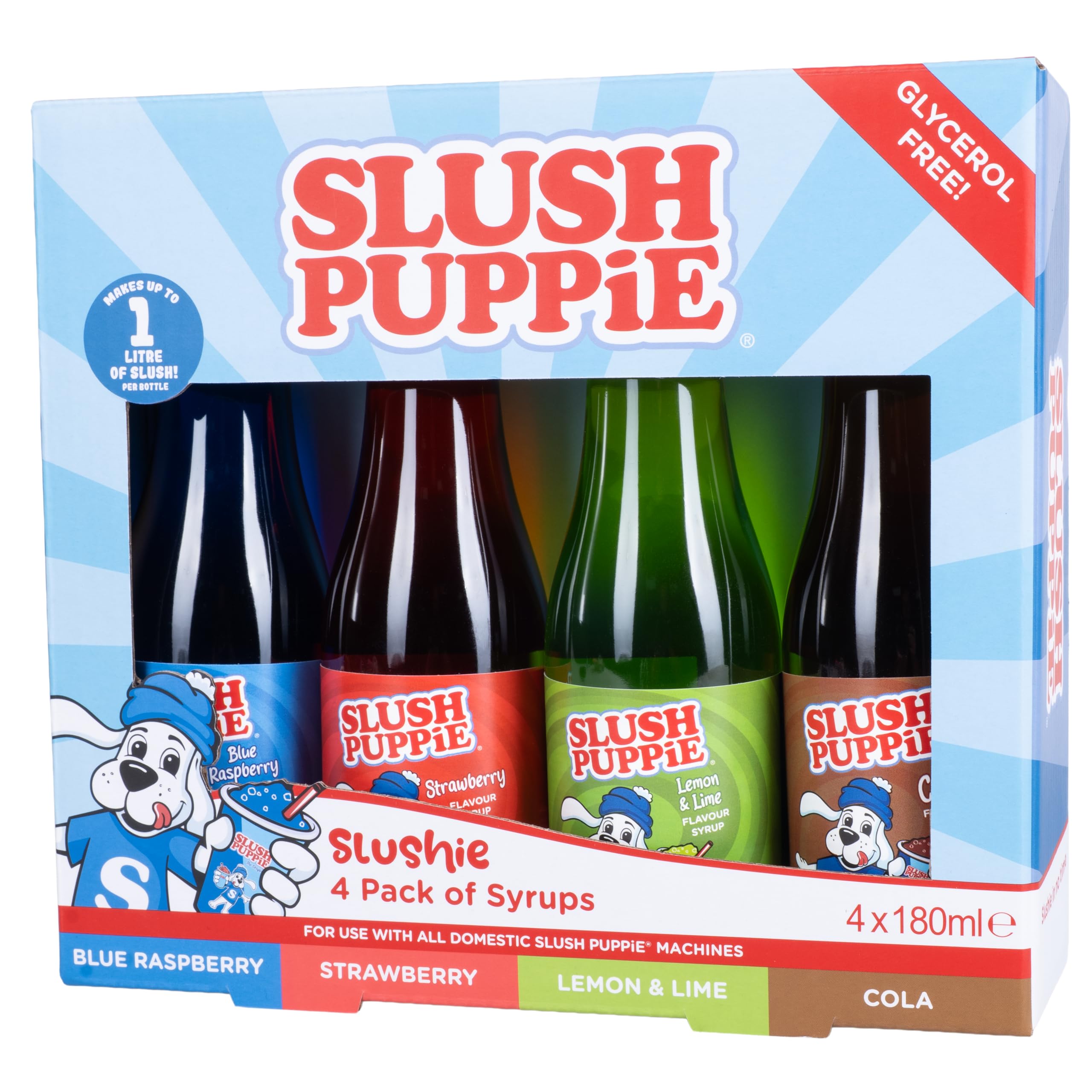 Zestaw syropów Slush Puppie 4 szt. 4 x 180 ml. Zawiera aromaty niebieskiej maliny, truskawki, coli i cytryny i limonki.