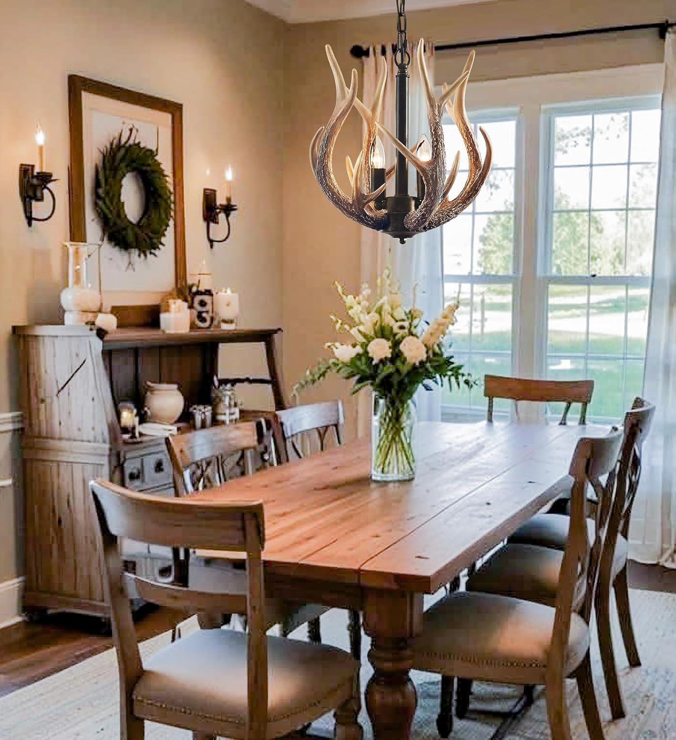 Rustic Antler Chandelier 2 Lights for Dining Room, Vintage Farmhouse Chandelier with 4 Resin Deer Chandeliers Adjustable Height Antler Light Fixtures for Dining Room Living Room Kitchen Foyer Entryway