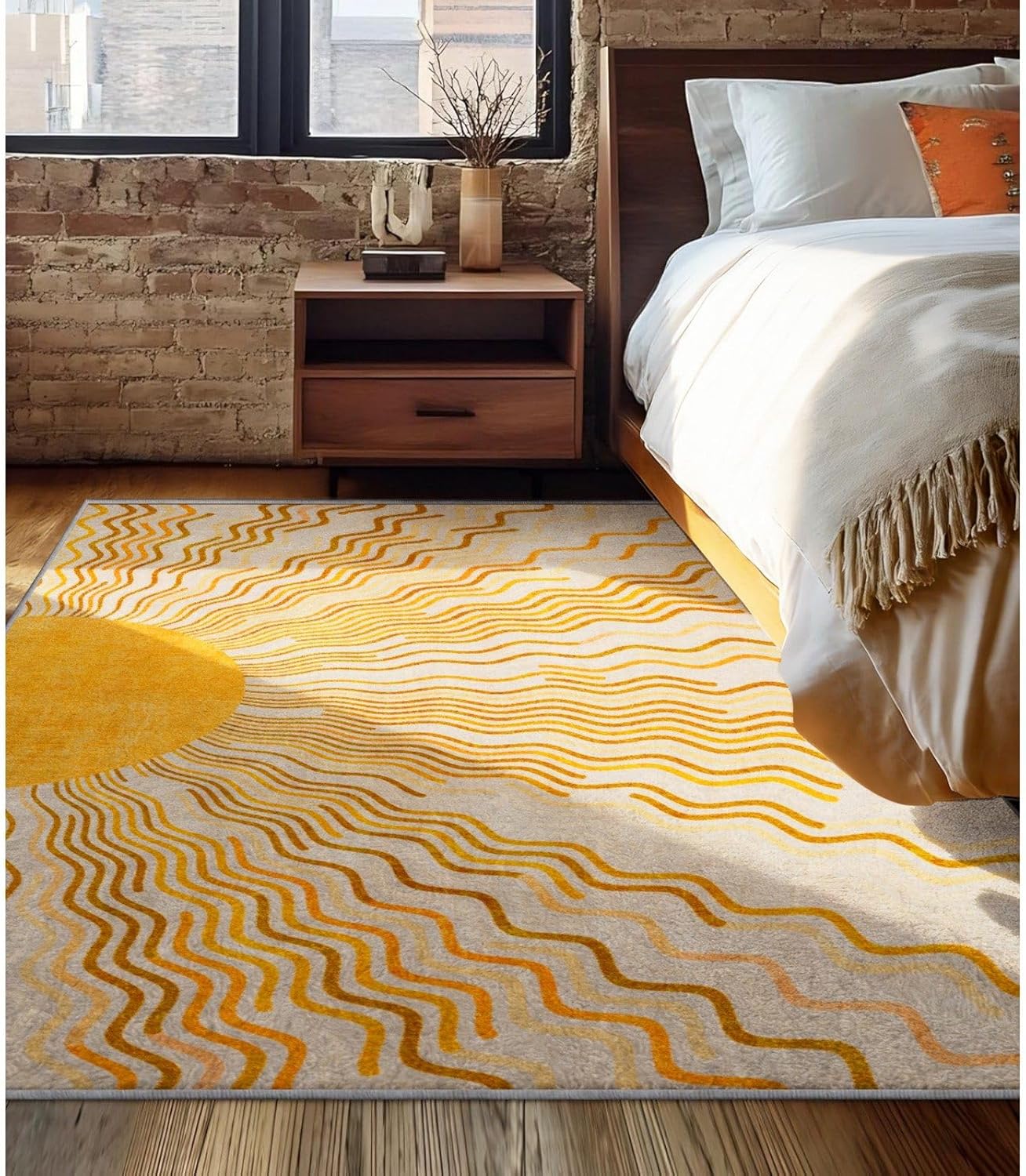 Ombre Yellow Sun Area 2x3 Rug,Machine Washable Boho Rug, Ultra Thin Non Slip Mid Century Indoor Rugs for Doorway Bedroom Living Room Kitchen Waterproof Floor Mat