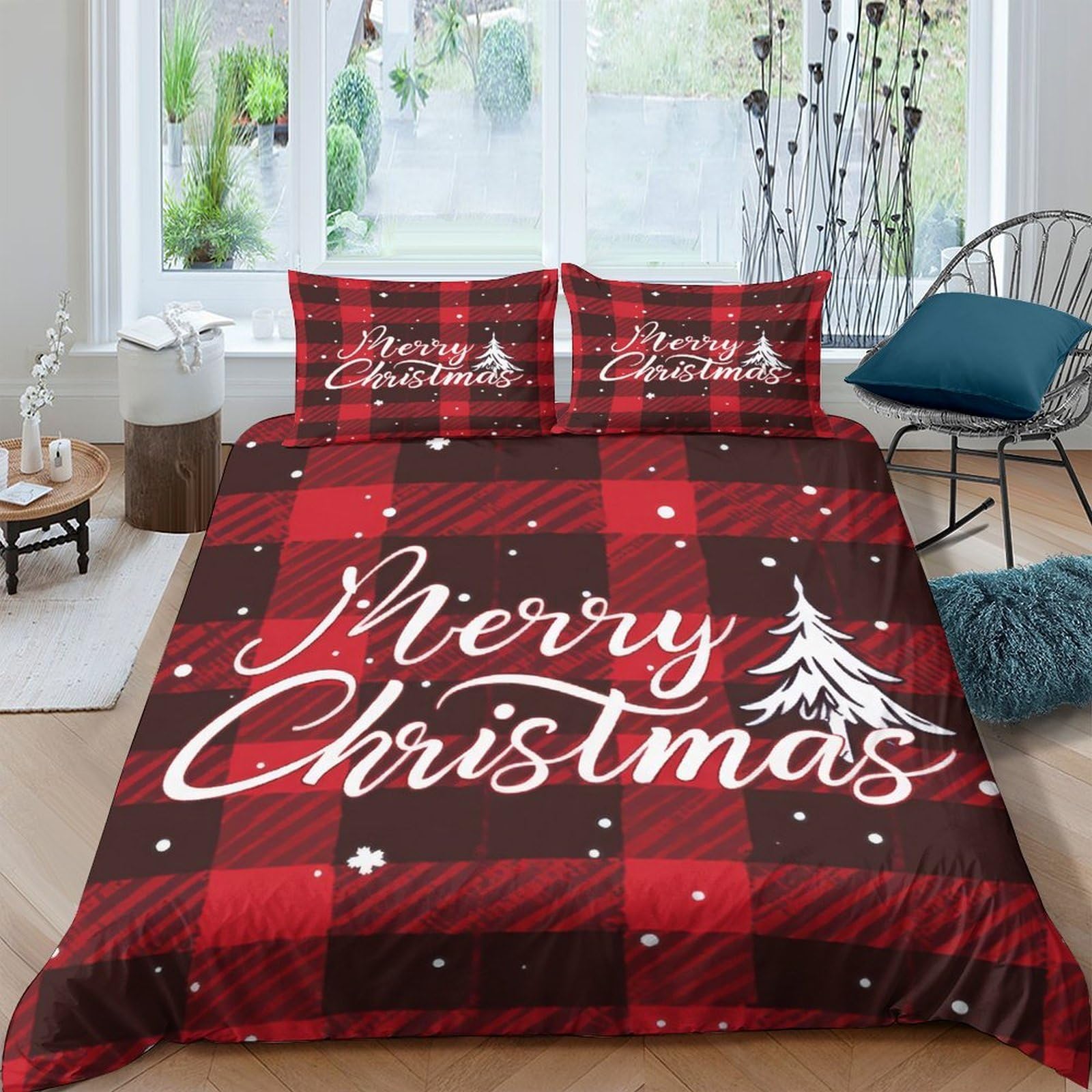 Ctjqhvkz Style-8 3D Printed Red Plaid Christmas Tree Fitted Sheet Microfiber Soft Breathable Snowflake Bed Cover For Bedroom Guest Room Single（135X200cm）