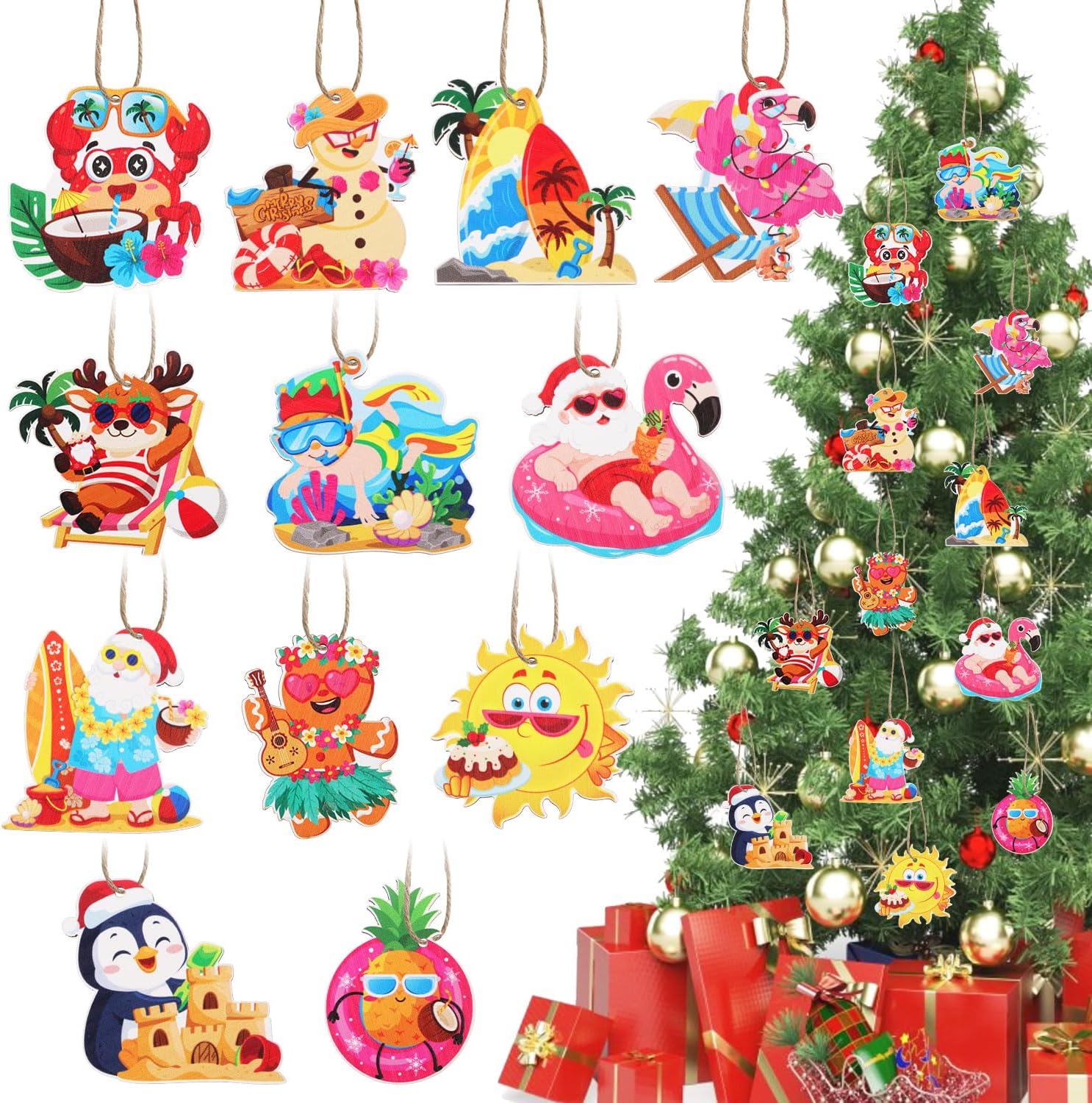 CCINEE 36pcs Tropical Christmas Wooden Hanging Ornaments, Summer Christmas Tree Decorations for Beach Christmas in July Hawaii Party Wooden Ornaments