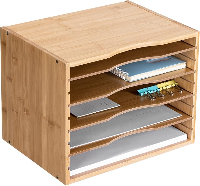 Navaris Bamboo Desk Organiser - Desktop File Tray Office Tidy Documents Holder - Filing Rack Storage for Papers Stationery Magazines Folders Letters