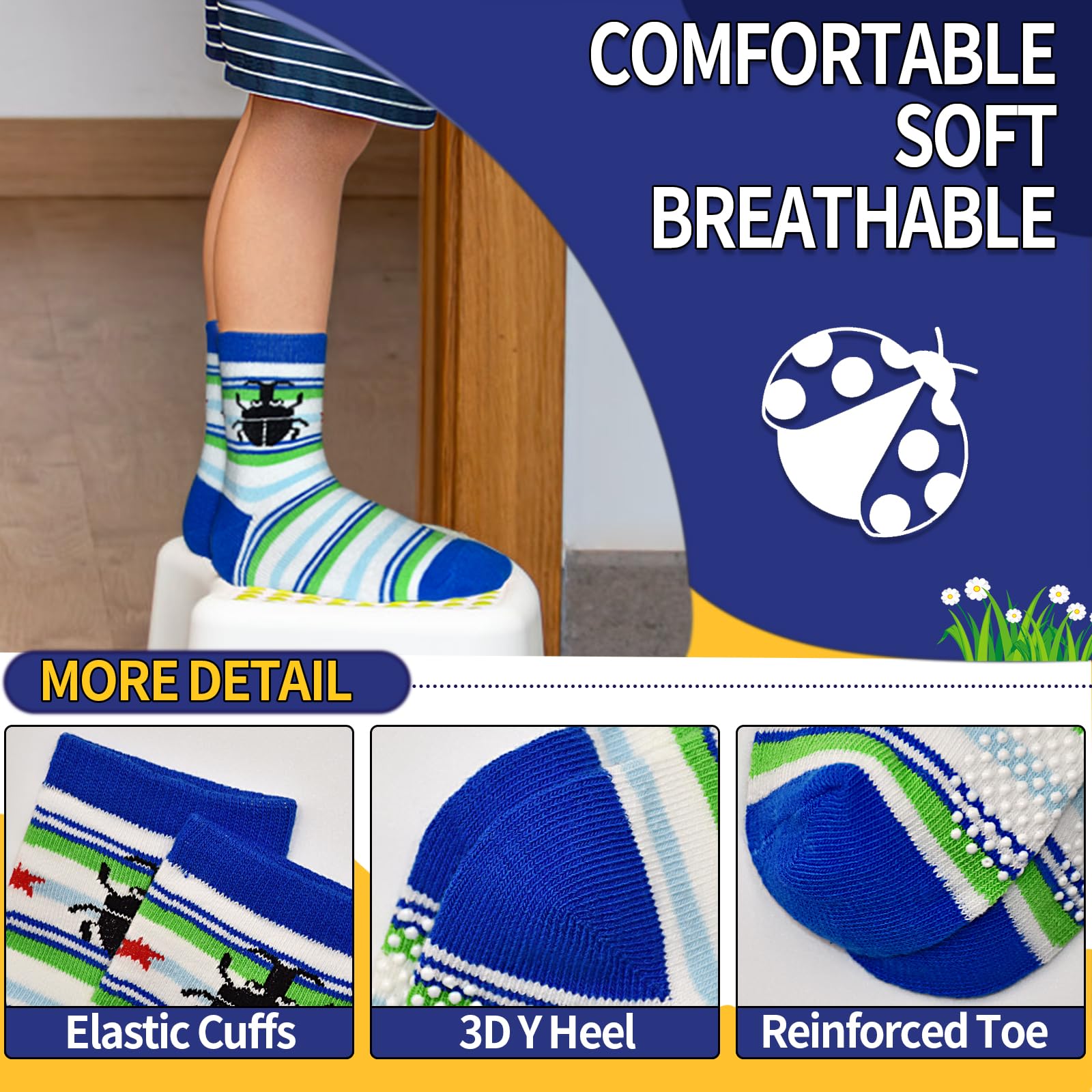 HYCLES Anti Slip Toddler Socks, 12 Pairs Non-Skid Cotton Grip Kid Socks for 1-7T Boy Girl 6-12 Month Baby, B.carton Style, 5-7 Years 2