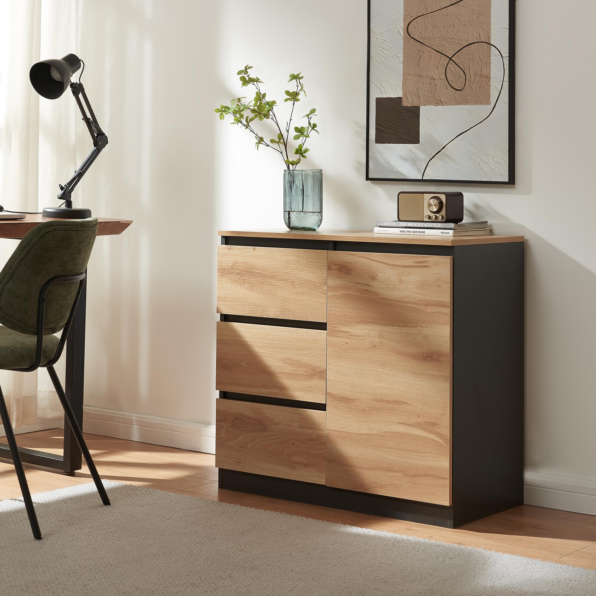 [en.casa] Credenza Mobile Contenitore con Anta e 3 Cassetti Comò con Vani Ripiani Chiusi Madia per Soggiorno Sala da Pranzo Ingresso 80 x 40 x 75 cm - Nero/Effetto Rovere Rustico