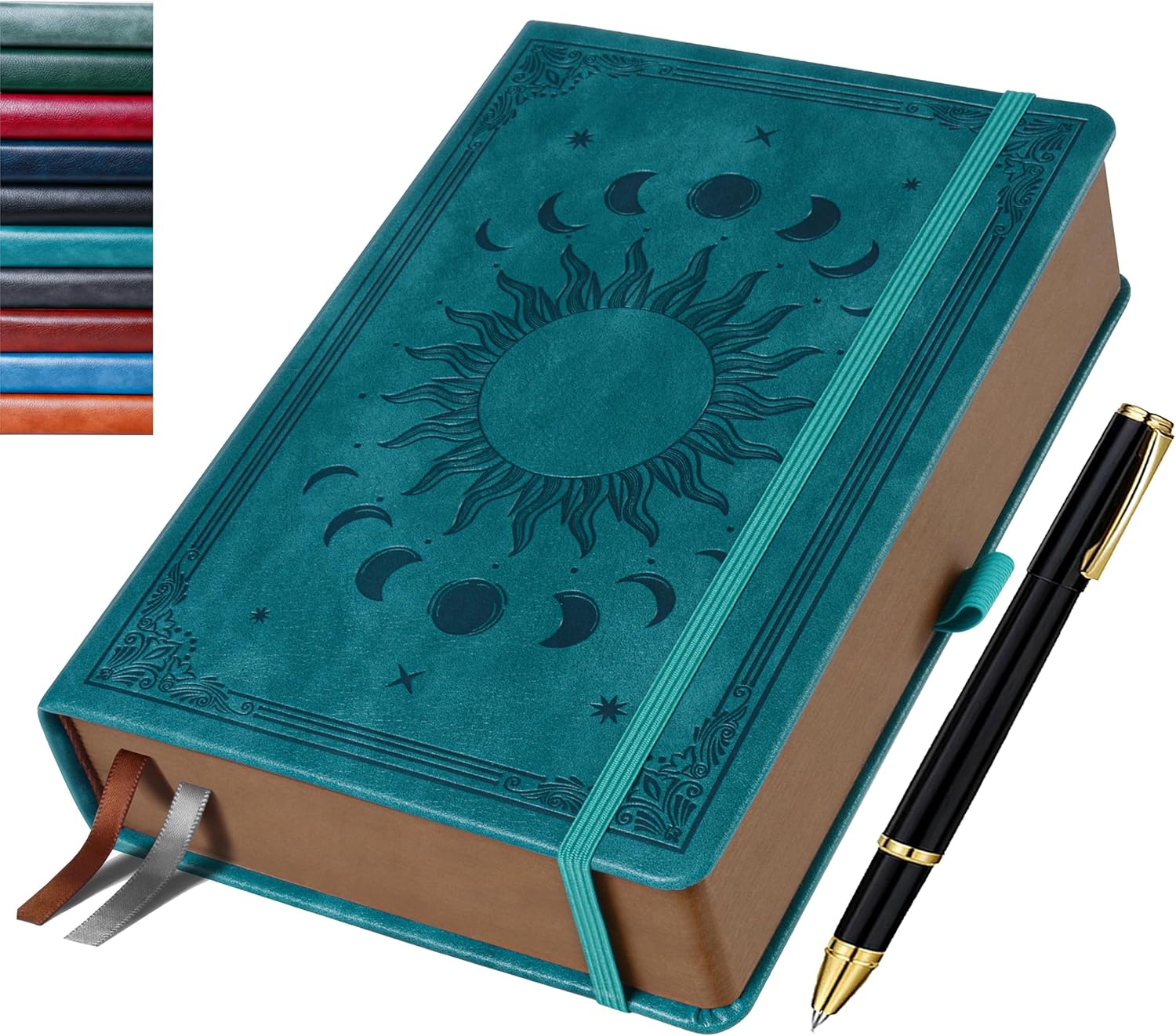 Notebook 14.5 x 21 cm Lined - Diary with 360 Pages PU Leather Hardcover in Vintage Sun & Moon Design - Ideal as a Gift for Family and Friends - Lake Green with Pen