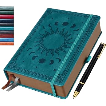 Notebook 14.5 x 21 cm Lined - Diary with 360 Pages PU Leather Hardcover in Vintage Sun & Moon Design - Ideal as a Gift for Family and Friends - Lake Green with Pen