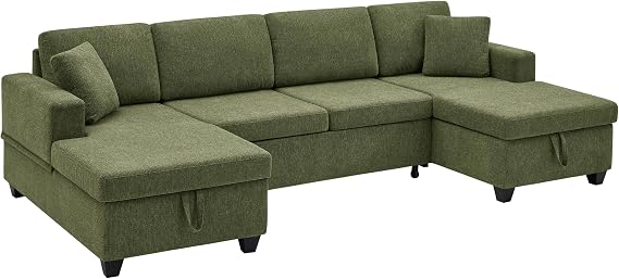 VANOMi Sectional Sleeper Sofa with Storage, U Shaped Sectional Couch with Pull Out Bed, Cozy Chenille Modulalr Sectional Sofa for Living Room, Apartment, Bedroom, Office, Olive Green