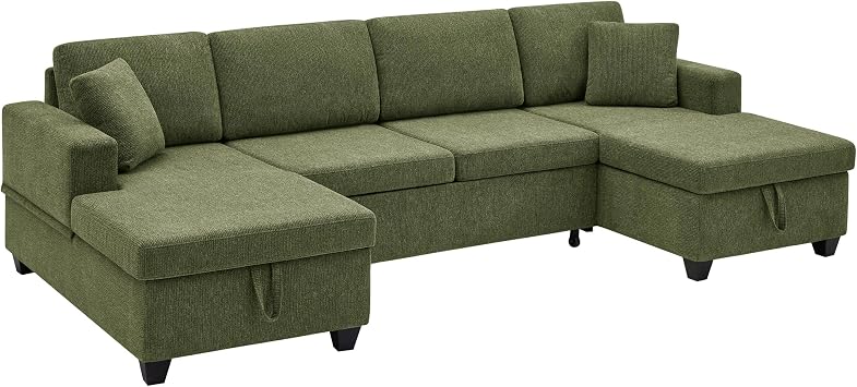 VANOMi Sectional Sleeper Sofa with Storage, U Shaped Sectional Couch with Pull Out Bed, Cozy Chenille Modulalr Sectional Sofa for Living Room, Apartment, Bedroom, Office, Olive Green