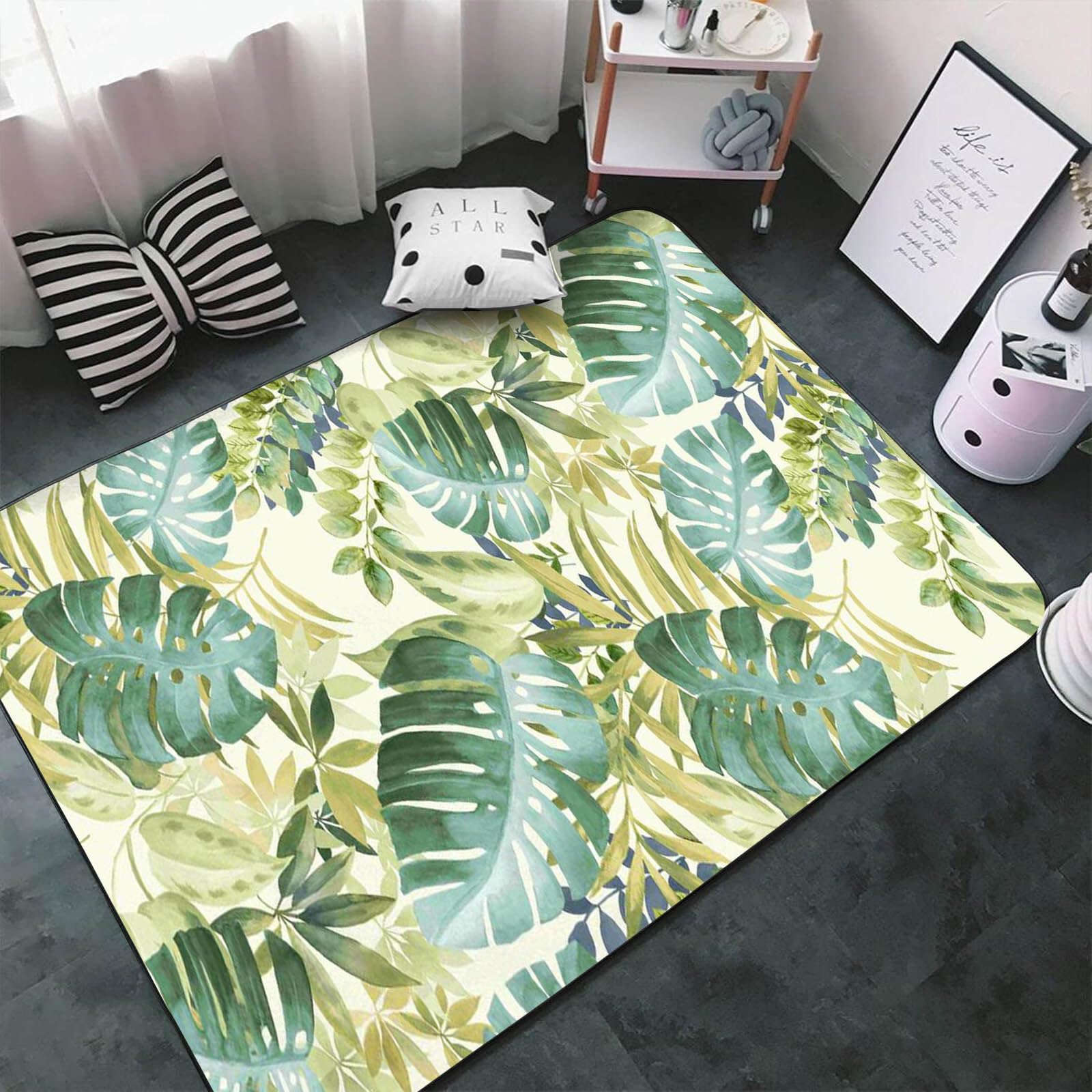 3D Tropen Pflanzen Teppich Kinderteppich Palmblatt Monstera Flanell Teppich Kinder Jungen Groß Kinderzimmer Gaming Teppich Krabbelmatte Kinderteppiche (6,80x120cm)