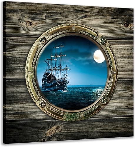 Biuteawal - Cuadro de paisaje de la luna azul océano paisaje de la pared pintura vintage ventana vista de paisaje paisaje impresiones en lienzo