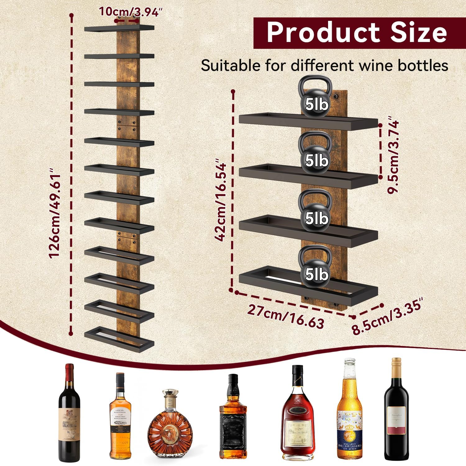 IBUYKE Wall Mounted Wine Rack 12 Bottle,Wood Storage Rack,Brown TMJ913H