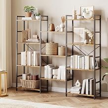 Garvee Triple Bookshelf, Industrial Large Bookcase, Triple Wide 5 Tier Bookshelf with 13 Open Display Shelves, Wide Book Shelf Book Case for Home & Office, Brown