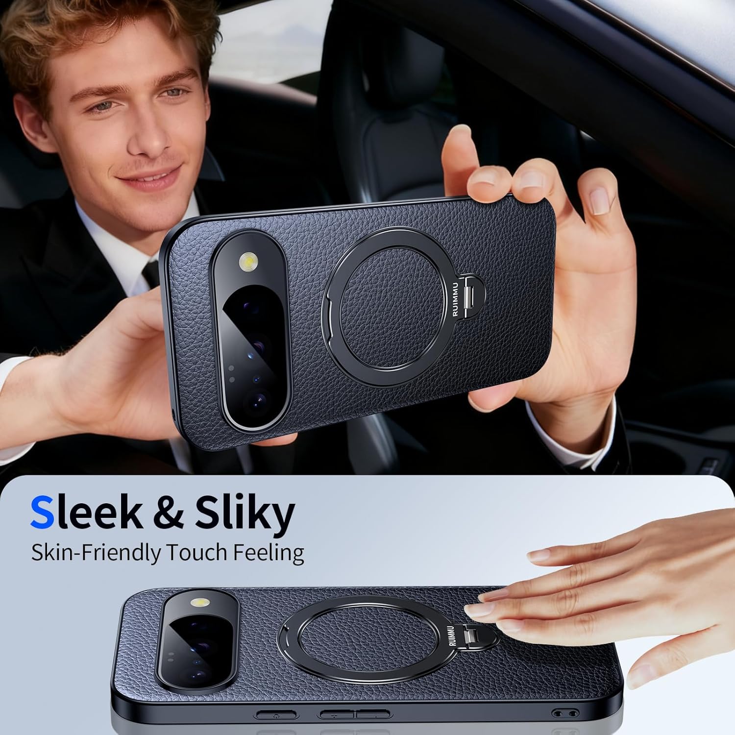 for Google Pixel 10 Pro Case / 10 Case, Leather Texture Case with Magnetic Ring Stand Black