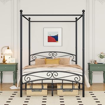 Full Size Bed Frame Four-Poster Metal Canopy Bed Frame Full with Headboard and Footboard Sturdy Slatted Structure No Box Spring Needed Black