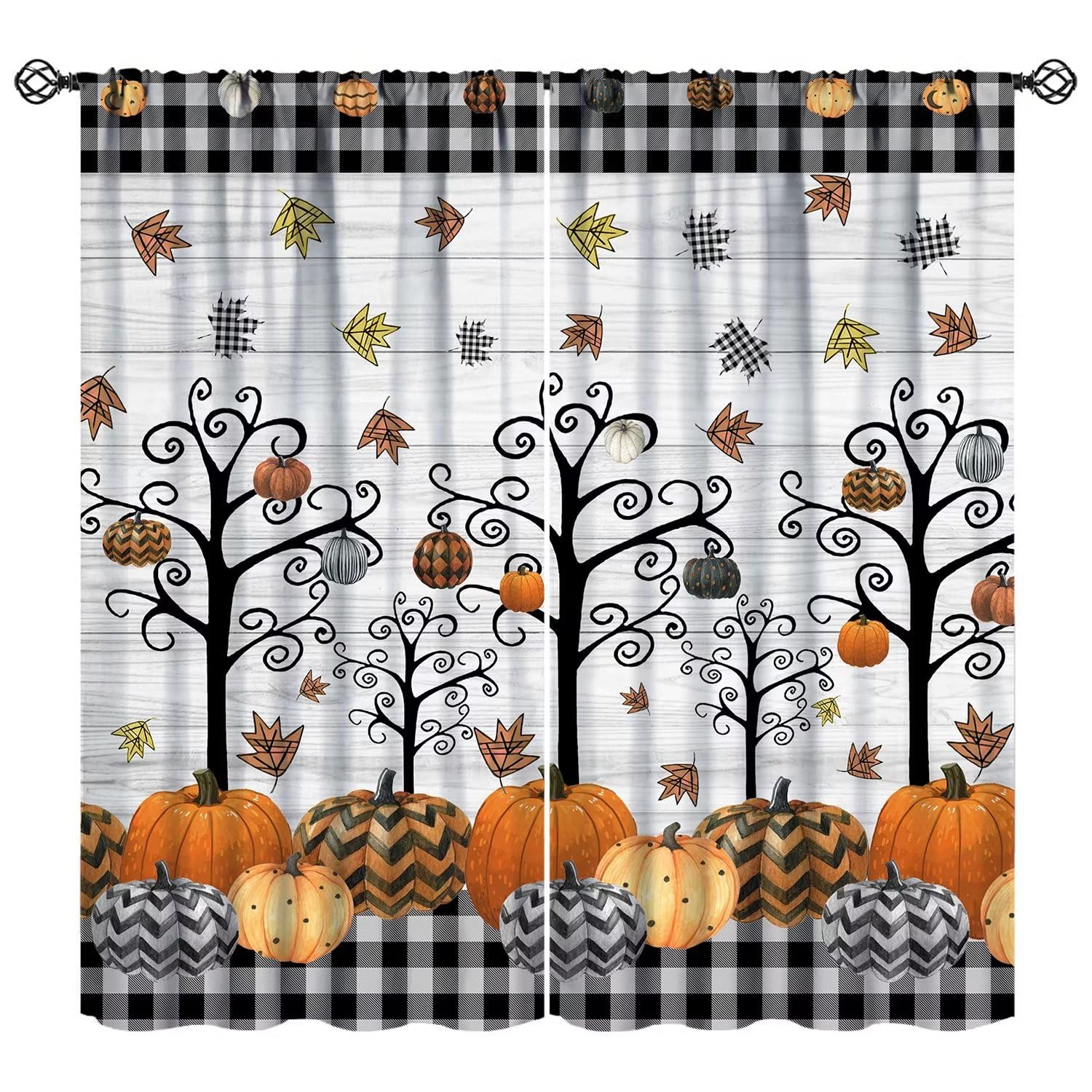Autumn Pumpkin Curtains, Rustic Fall Thanksgiving Floral Black White Buffalo Check Plaid Wooden Board Farmhouse Theme Home Fabric Living Room Bedroom Decor W52xL84in