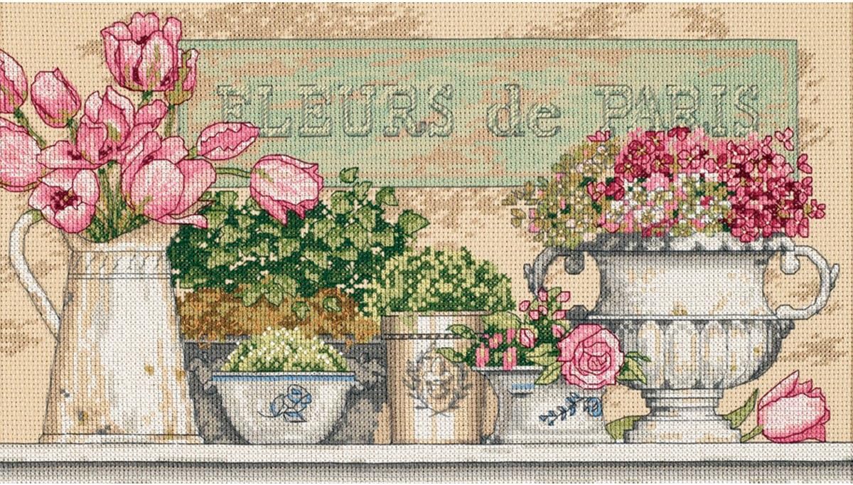 35204 'Flowers of Paris' Counted Cross Stitch Kit, Beige Aida, 14" x 8", By the yard, Beige, 14 Count