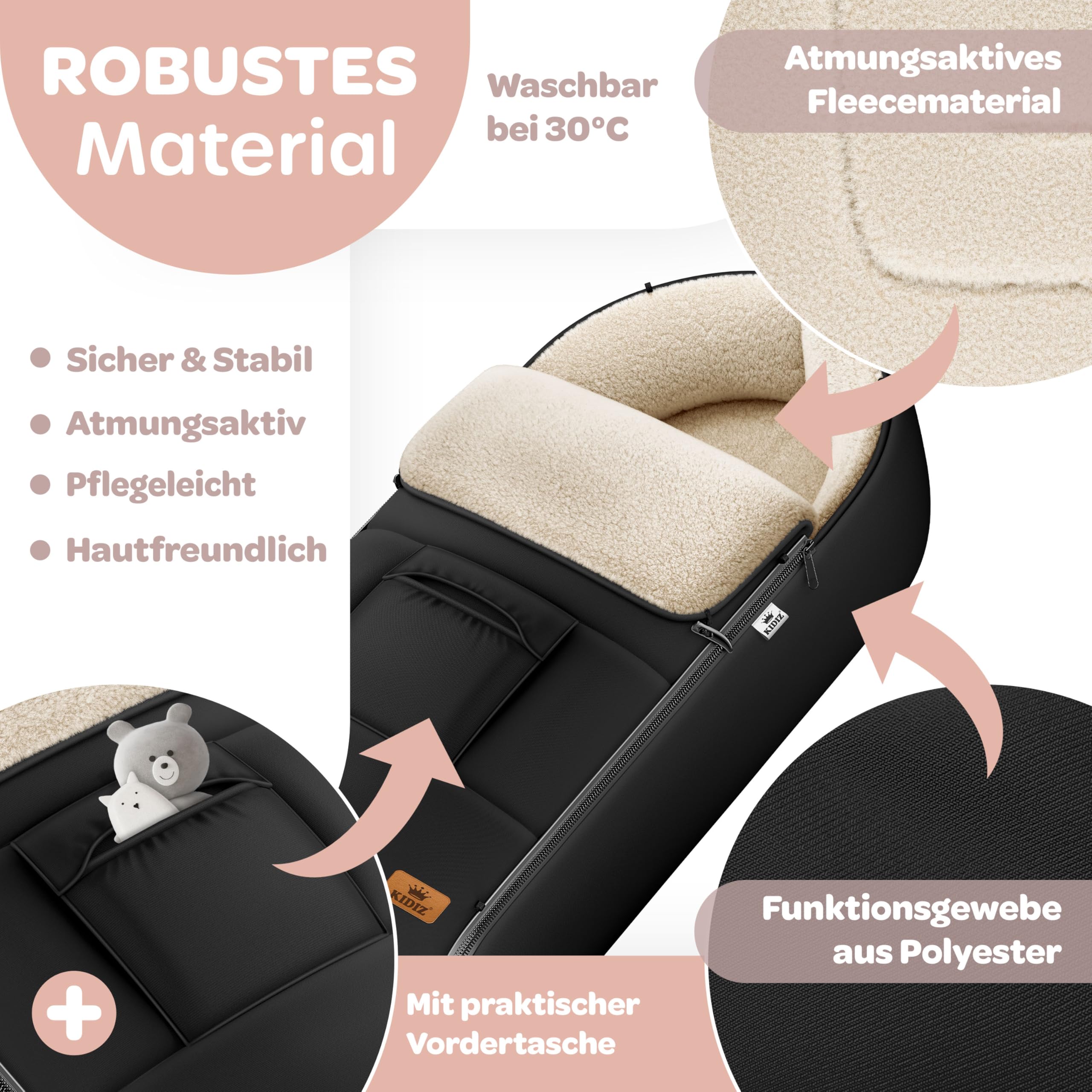 Kidiz Babyfußsack Winterfußsack Kinderwagen Universal Lammfleece wasserdicht winddicht 3- & 5-Punkt-Gurt Schwarz