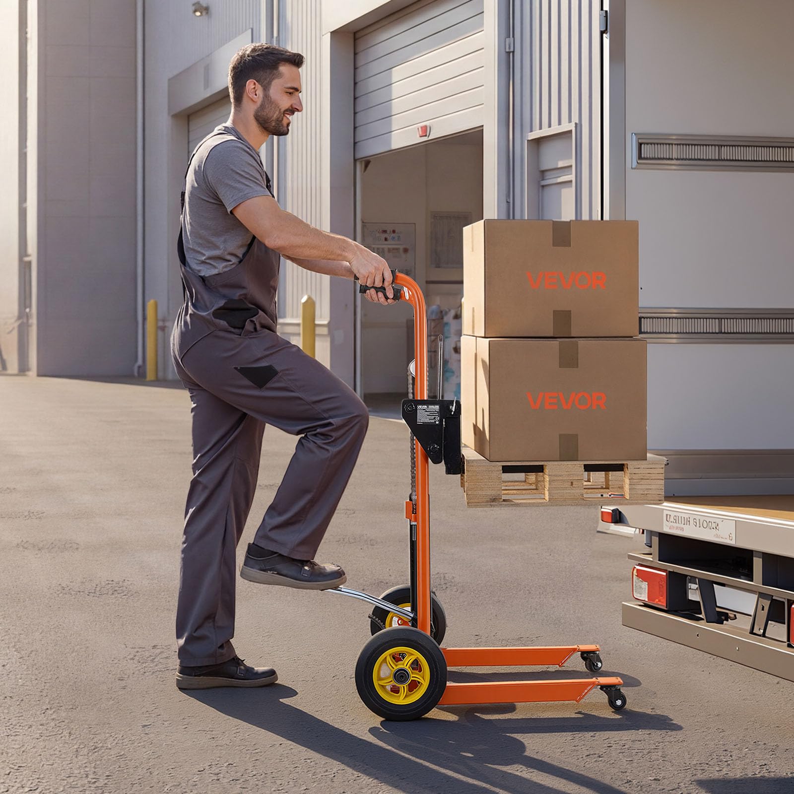 VEVOR Apilador Manual Hidráulico de Palets Plegable, Elevador 2 en 1 con Pedal, Acero Carbono, Capacidad 205 kg, Altura Ajustable 70 a 900 mm, Compacto y Portátil, para Almacén, Carga y Transporte