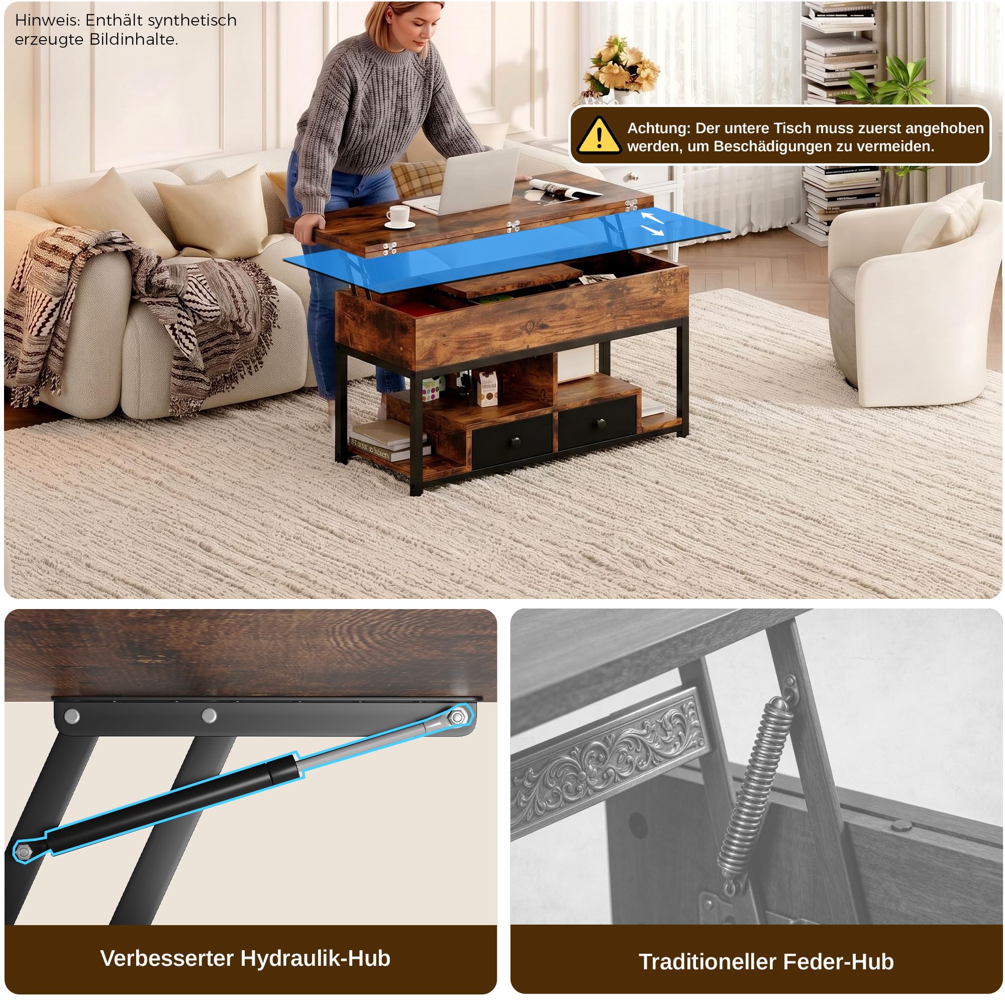 IRONCK Couchtisch Höhenverstellbar, LED Wohnzimmertisch mit Steckdosen, 2AC+USB+USB‑C, Kaffeetisch Holz, 2 Schubladen, Umwandelbar Esstisch 100×80cm (Vintagebraun)