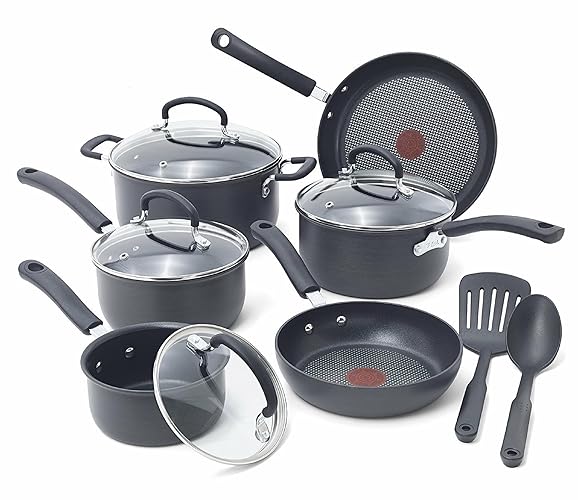 T-fal Ultimate Hard Anodized Nonstick Cookware Set 12 Piece, Oven Broiler Safe 400F, Lid Safe 350F, Kitchen Cooking Set w/Fry Pans, Saucepans, Dutch Oven, Pots and Pans, Dishwasher Safe, Black - 12-Piece