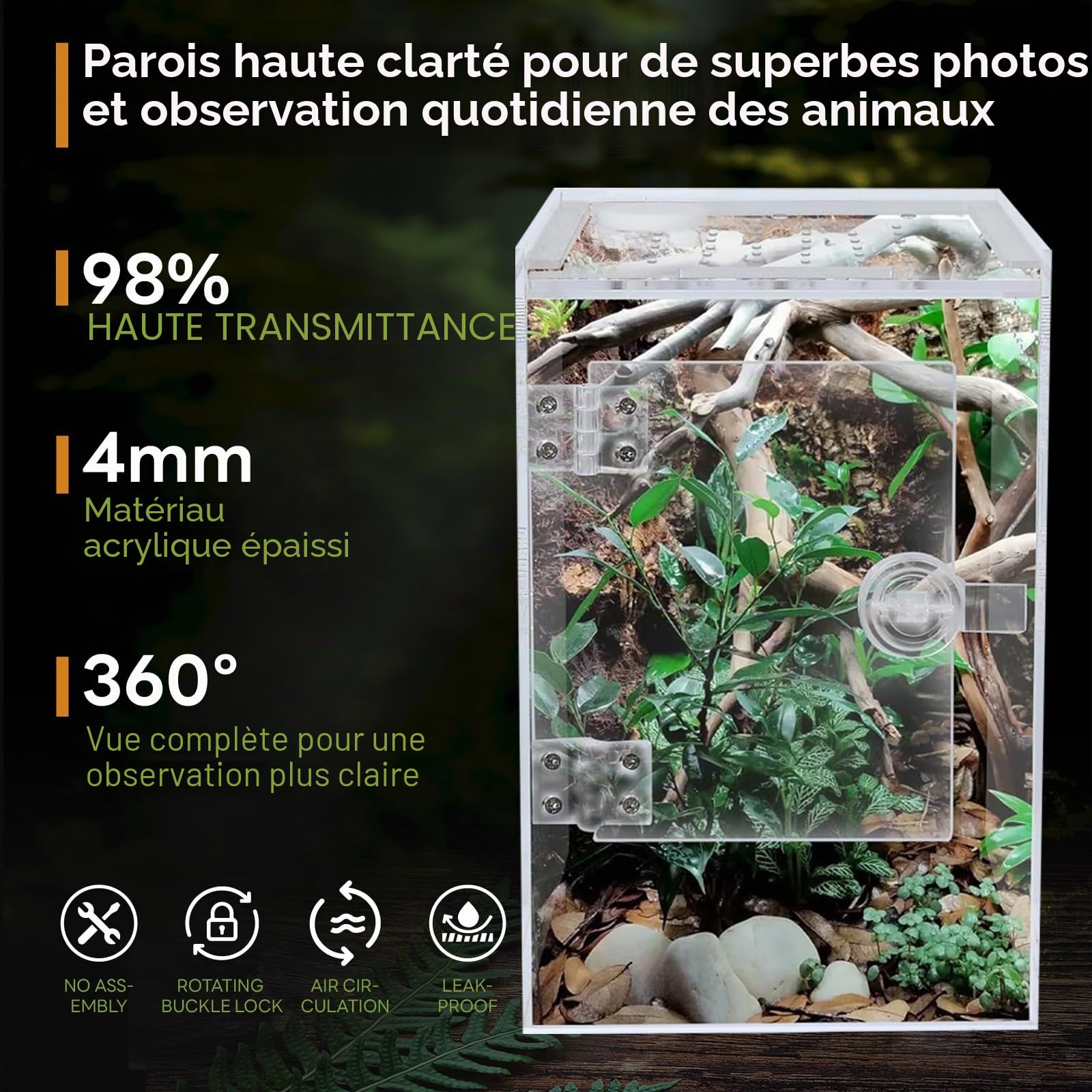 Terrarium Acrylique 20 x 20 x 30 cm Rectangle Ouverture Frontale Ventilation Croisée pour Reptiles