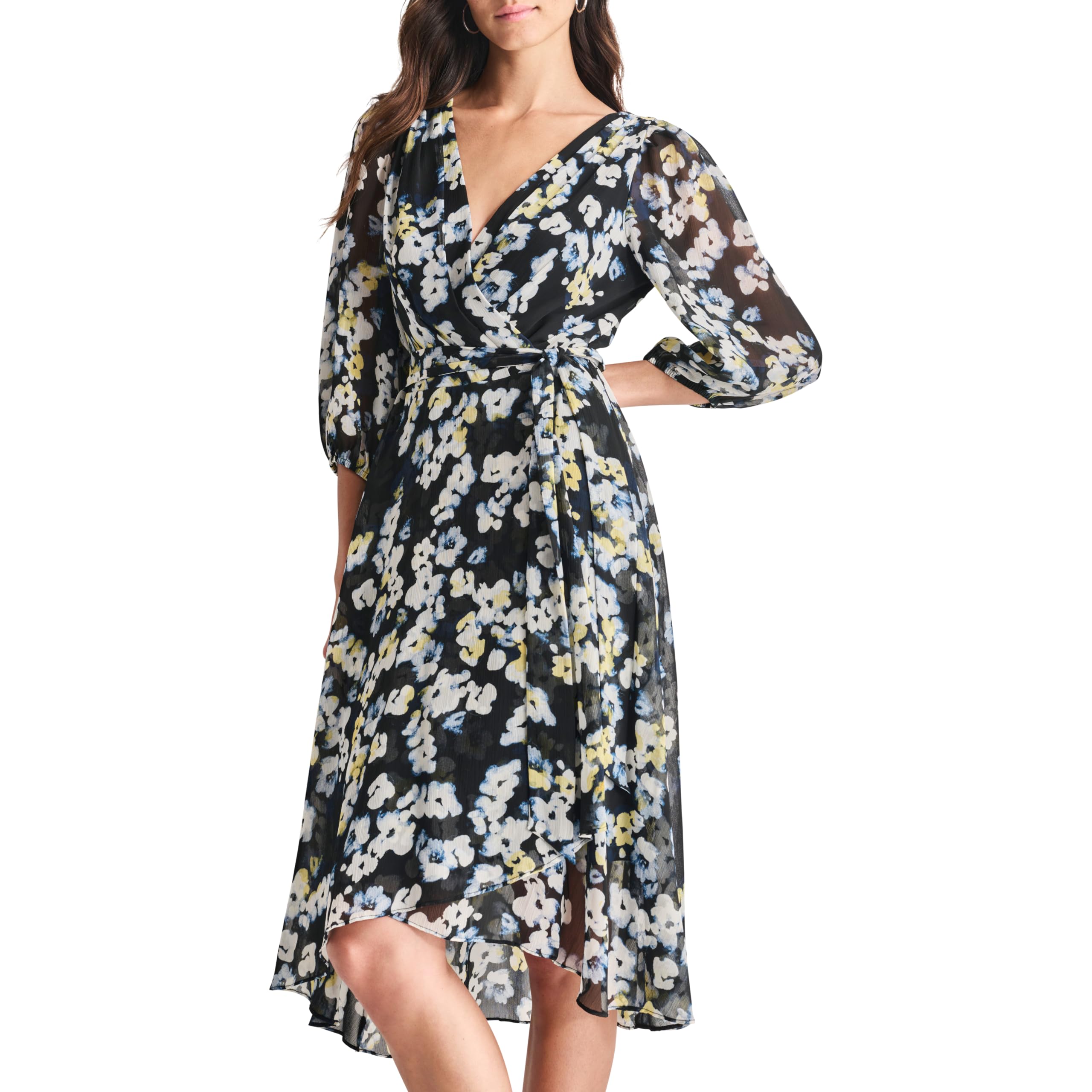 DKNY Womens Balloon Sleeve Faux Wrap Midi Dress