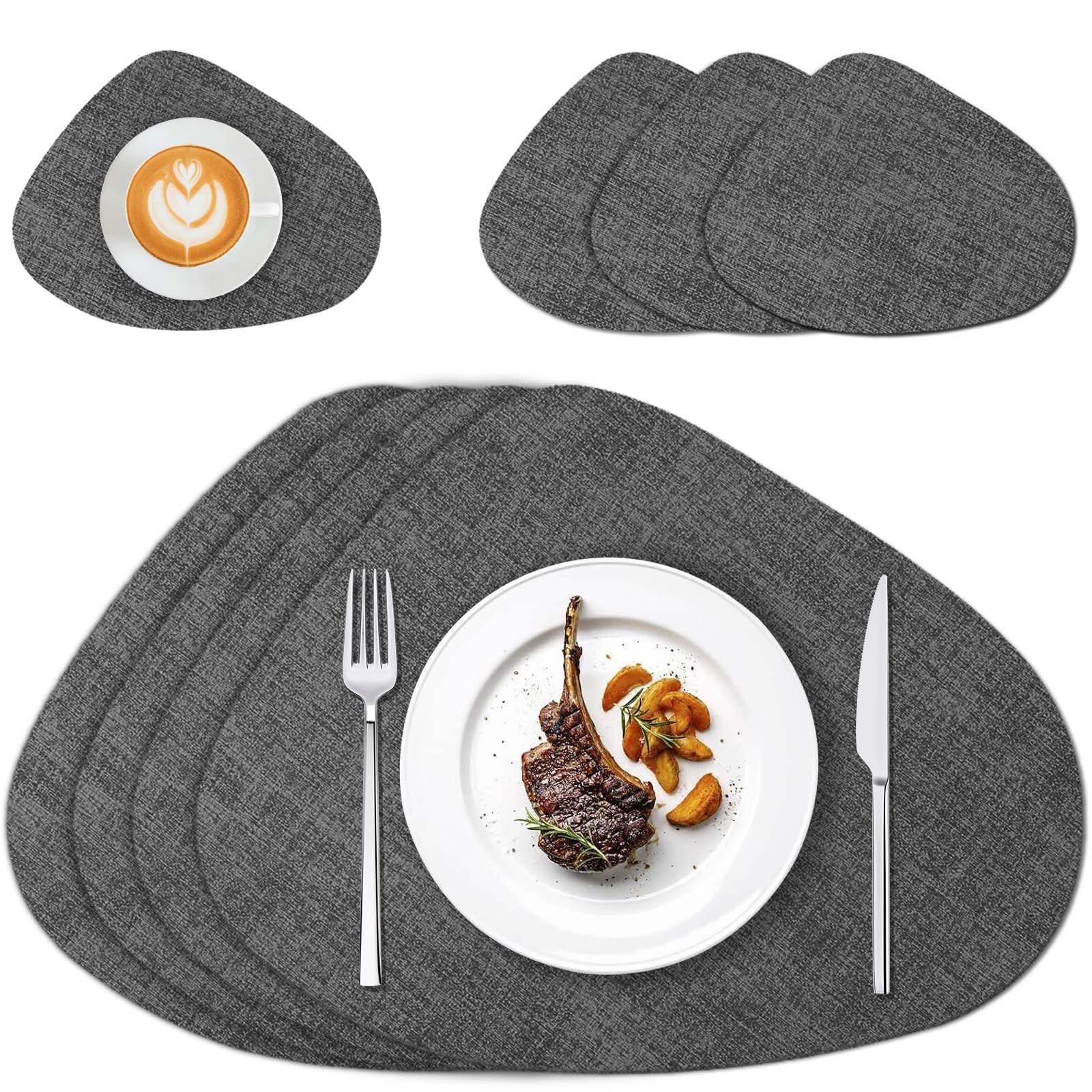 Leather Placemats and Coaster Sets 4 - Dual Sided Black Place Mats 41x32 cm, Table Mats Non-Slip Waterproof Wipeable Heat Resistant Dining Mats Coffee Mat for Home Kitchen Hotel Indoor Outdoor