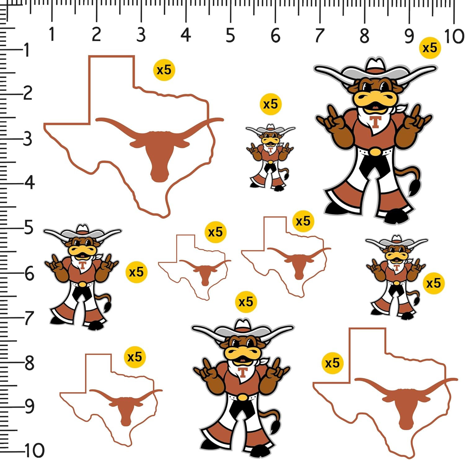 University of Texas Secondary Logo 50ct Vinyl Sticker Pack – Large Waterproof Bevo Mascot & Texas State Outline Longhorn Decals for Laptops, Water Bottles, Tablets, Scrapbooks, Vehicles & More - Image 2