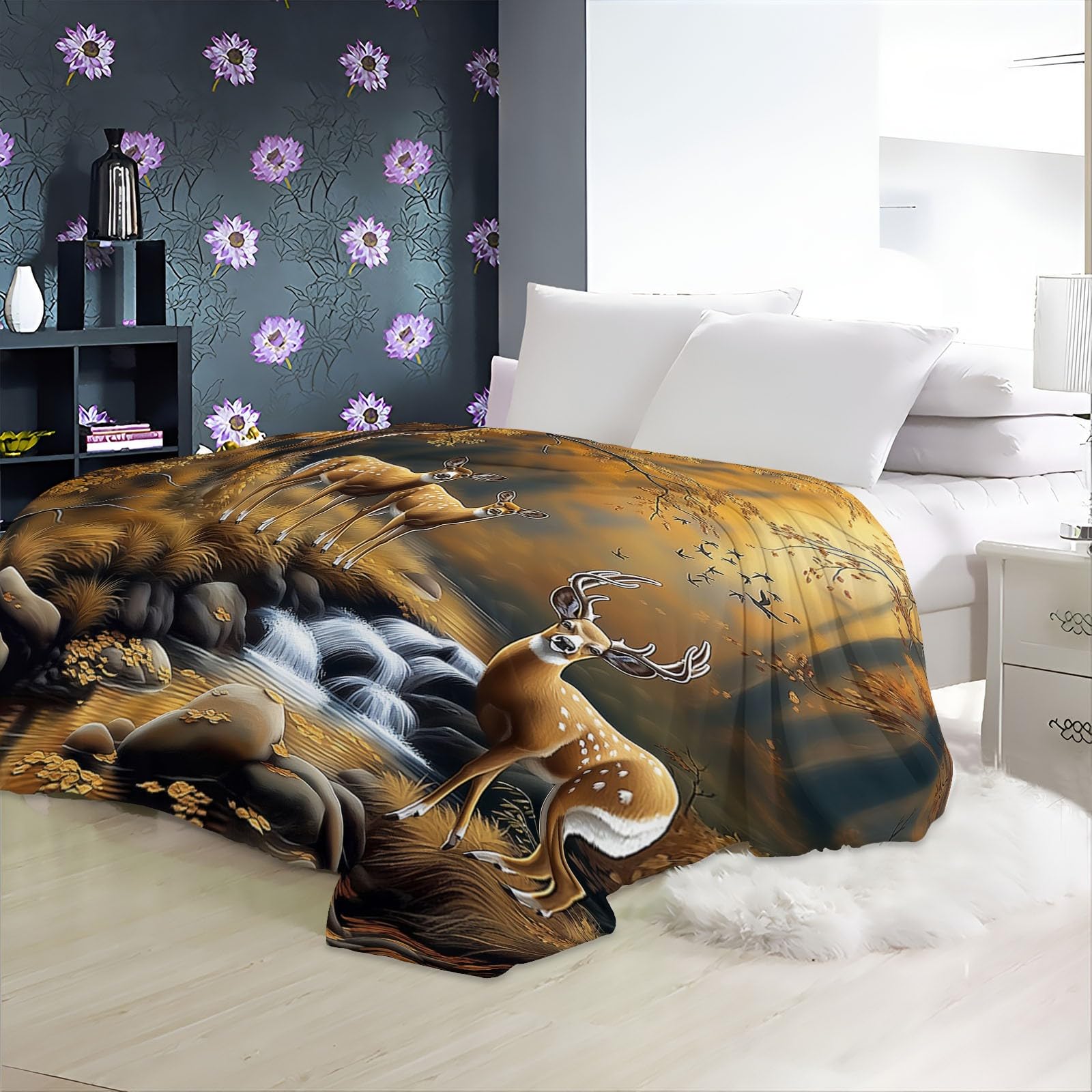 3D Plaid Couverture Polaire 150x200 cm Peinture À l'huile Cerf Animal La Forêt Hiver Chaude Douce Moelleuse Microfibre Couverture de Lit Couvre-lit Jeté de Canapé, Convient Adulte et Enfant