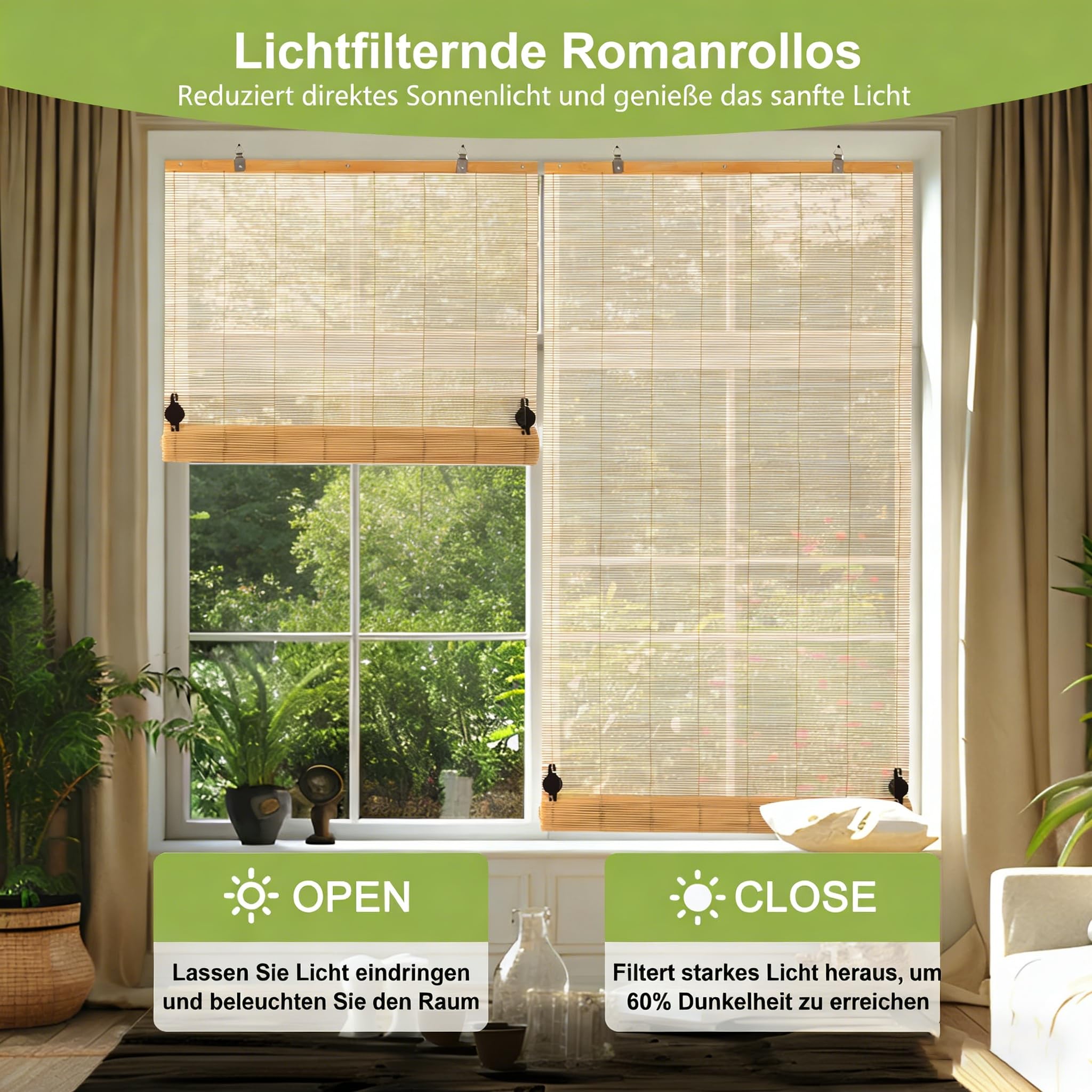 Bambusrollo - Innenrollo Holzrollo für Fenster/Türen, Sonnenschutz und Sichtschutz (Natur,120 x 250 cm)
