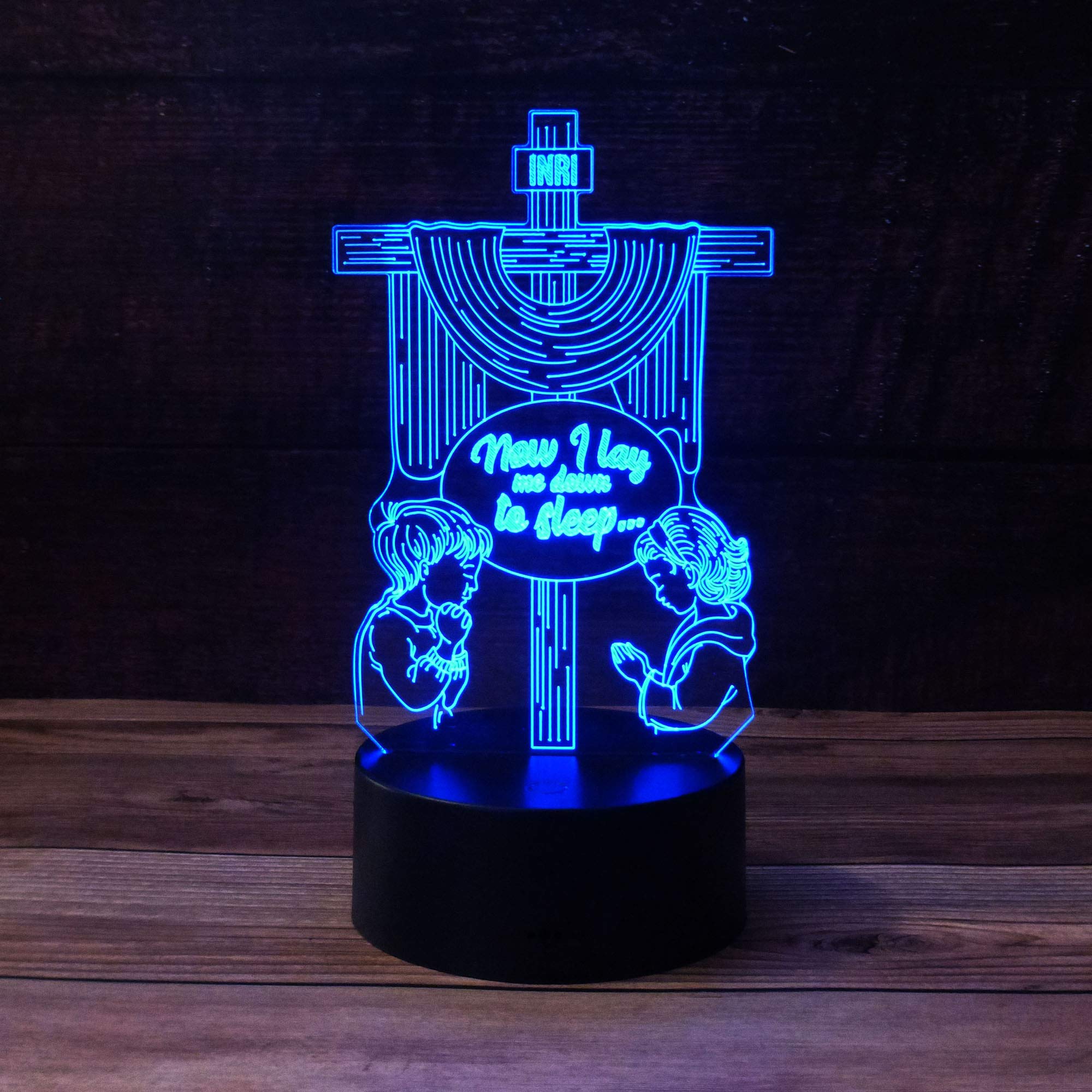 3D Praying Children w/Holy Cross Night Light - 7 Color LED Lamp Base with USB, Battery & Touch Control Rotating Fade, Solid Color Mode Makes a Perfect Nightlight for Kids or Unique Gift for Any Age