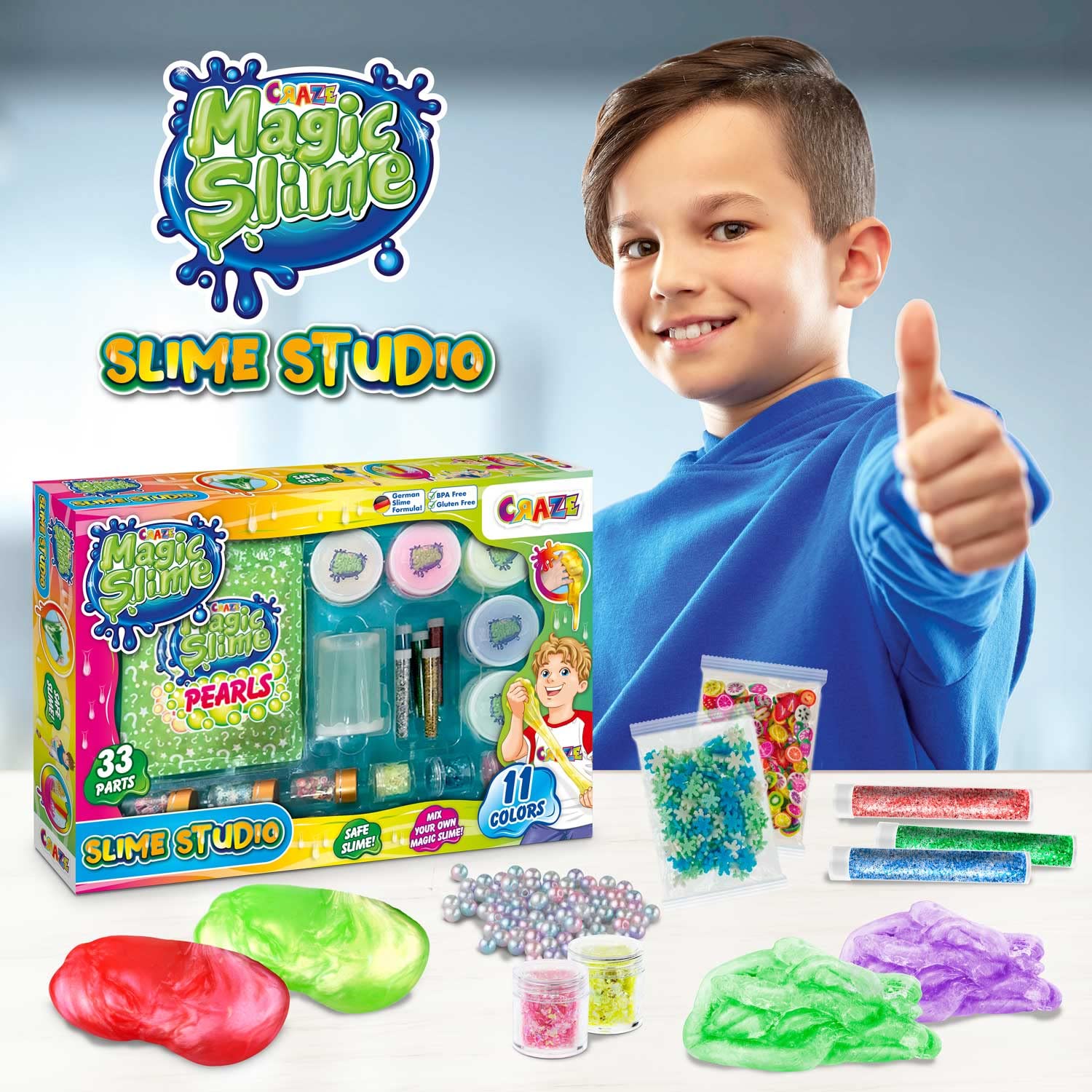 CRAZE Magic Slime Studio Schleim 32862 zestaw "zrób to sam" Slime Kit 11 kolorów z akcesoriami Fluffy Slime z perłami brokatowymi i efektami specjalnymi, 32862, kolorowy, 36,5 x 5,8 x 25,5 cm