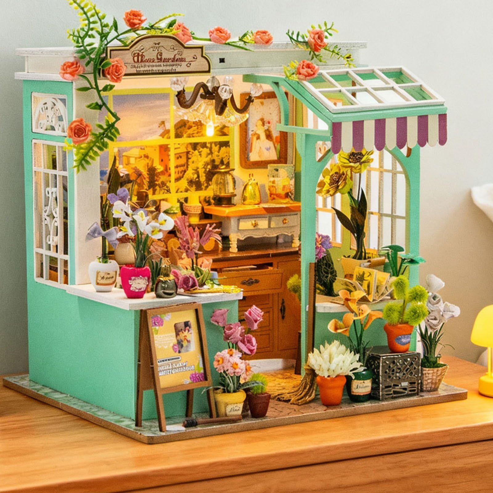Figurine Casa in Miniatura Kit Modello Casa Bambole Boutique Fiori in Legno con Musica O Registrazioni da Smartphone Adatta a, Inglese