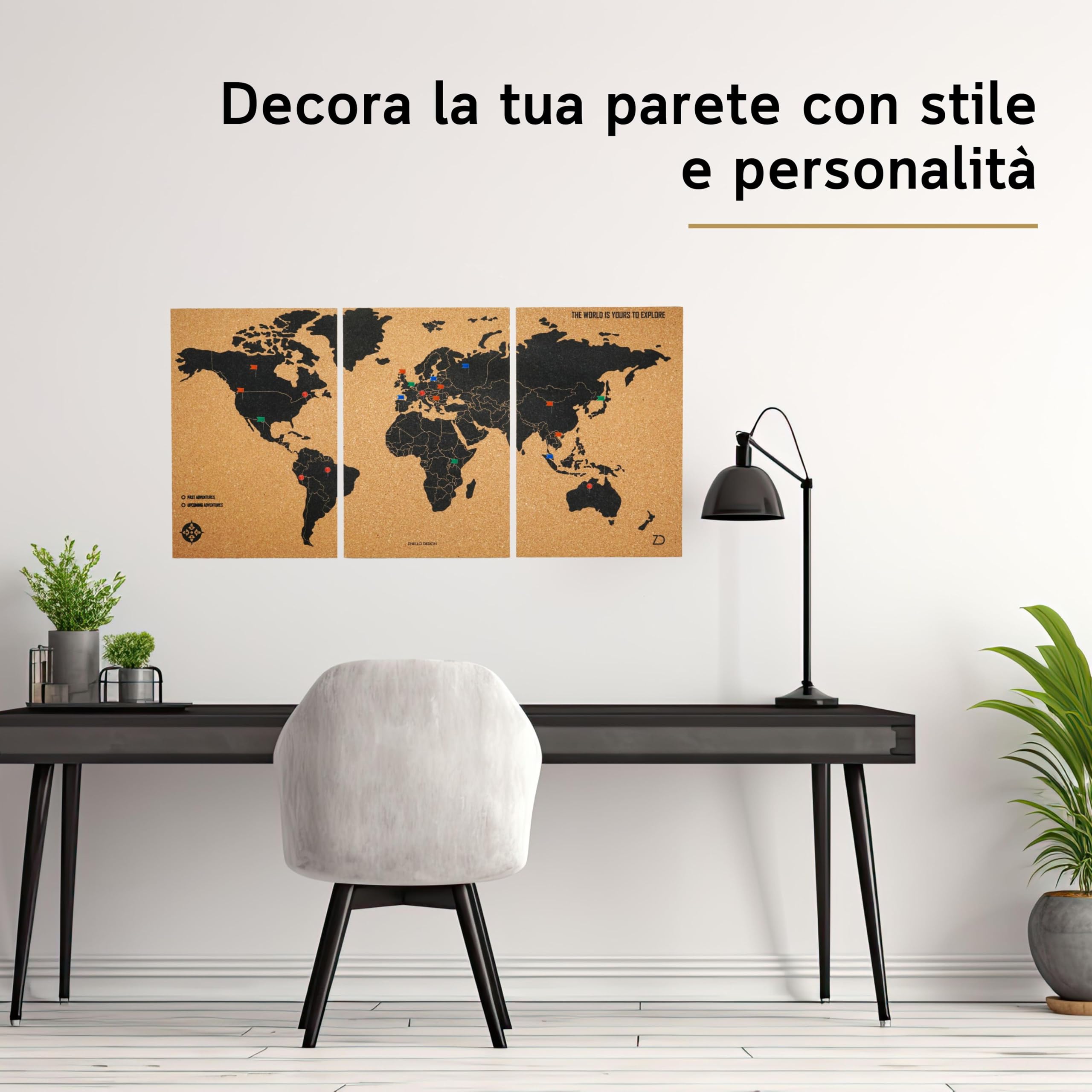 Zinello Design – Mappa del Mondo in Sughero da Parete 60×30 cm (3 Pannelli Adesivi) con 60 Puntine – Quadro Decorativo Viaggi Personalizzabile – Poster Murale Ecologico – Idea Regalo