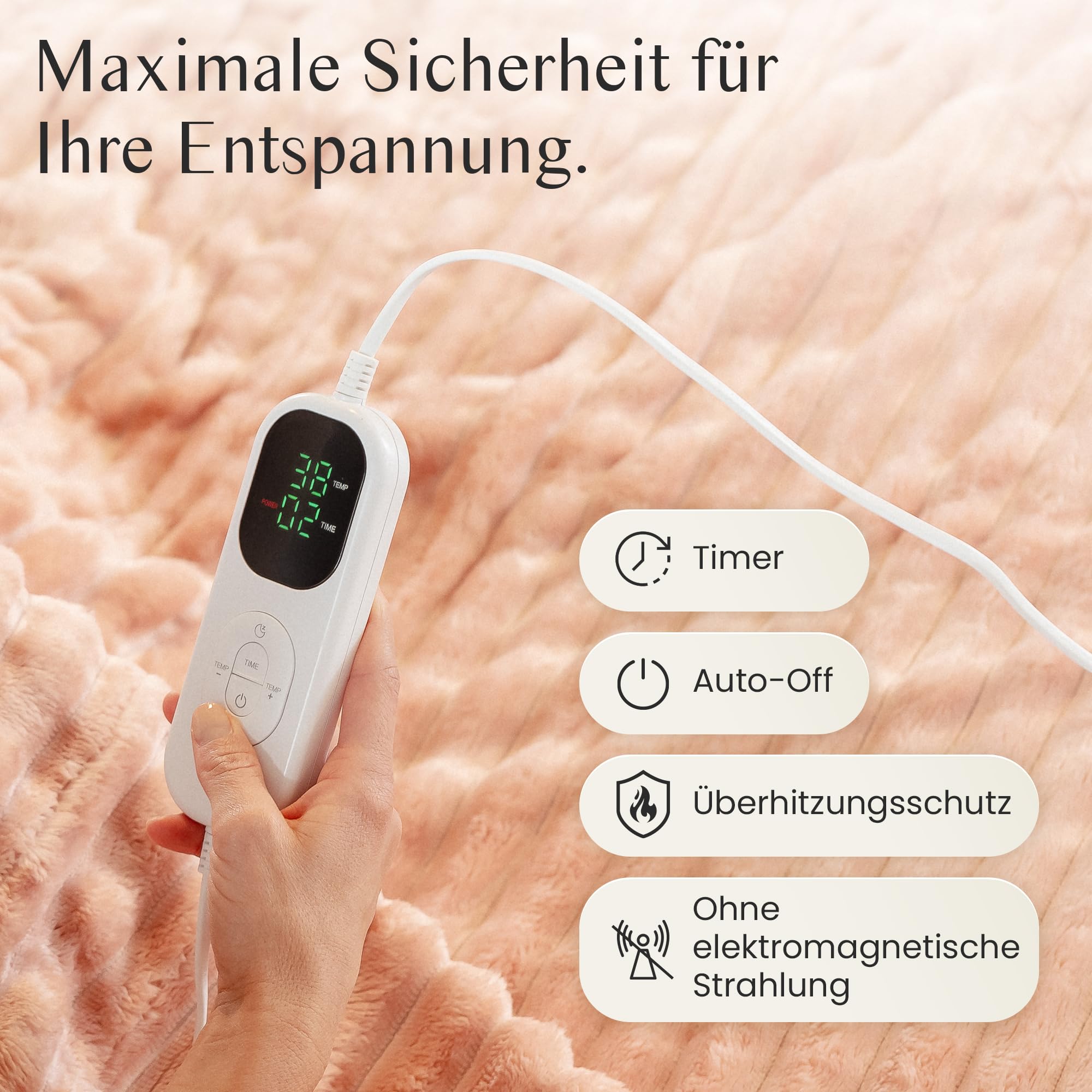BARBERIO elektrische Heizdecke Wärmedecke staubrosa mit 6 Heizstufen, Timer, Abschaltautomatik, Überhitzungsschutz, LCD, strahlungsfrei, Anti-Milben, flauschig & maschinenwaschbar (150 x 200cm)