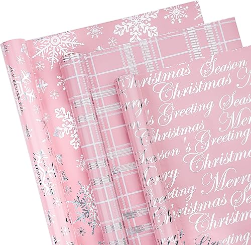 Miniatura 2 de WRAPAHOLIC Rollo de papel de regalo de Navidad, mini rollo, 3 rollos, 17 x 120 pulgadas por rollo, rosa con copos de nieve metálicos plateados, a